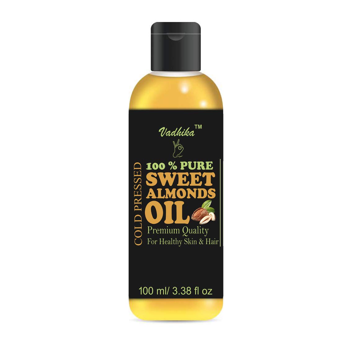VADHIKA 100% Pure Cold Pressed Sweet Almond Oil for Hair & Skin - 100ml | Natural Moisturizer for Dry Hair, Scalp Care & Glowing Skin | Perfect for Massage, DIY Beauty & Aromatherapy