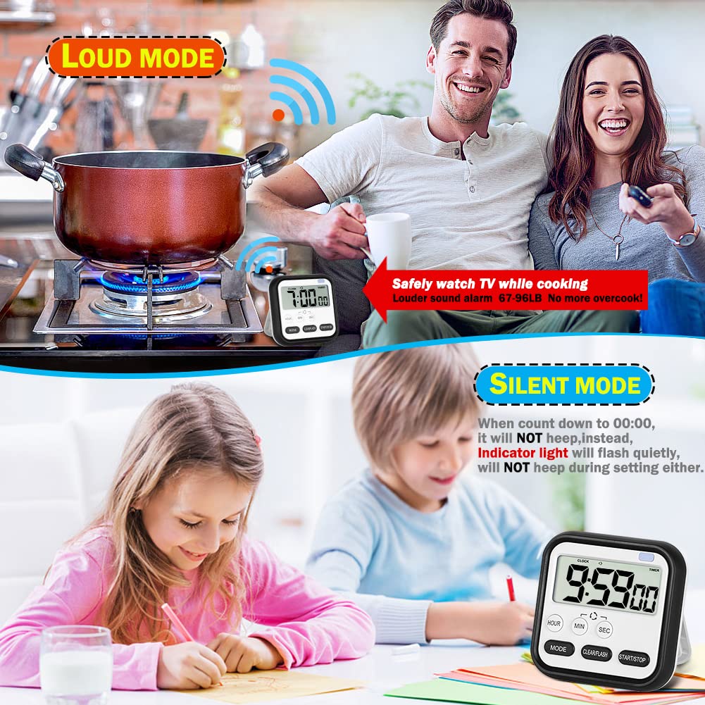 24-Hour Digital Kitchen Timer with Large LCD Screen - Magnetic Count Up/Down Stopwatch, Loud Alarm for Cooking, Bathroom, Shower, Kids & Teachers | Perfect for Baking, Classroom, Workouts & Time Management