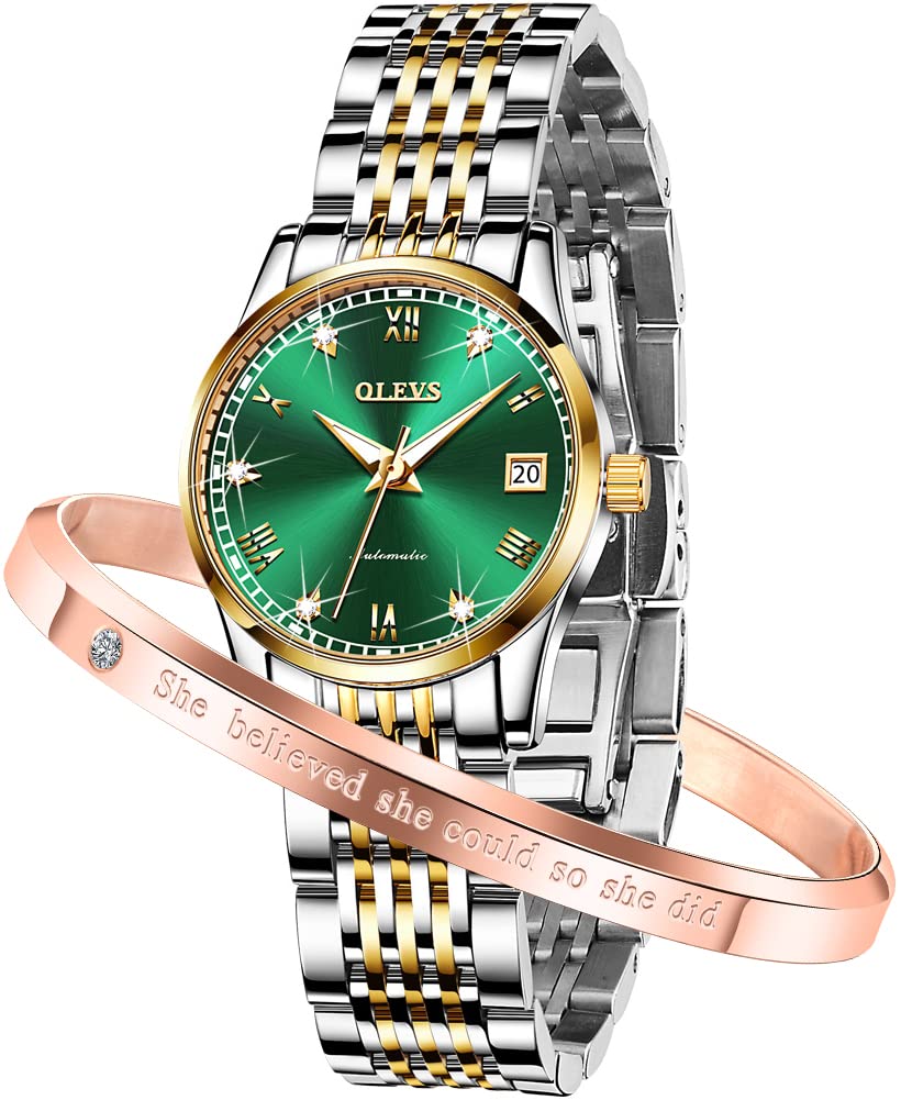 OLEVS Women's Automatic Self-Winding Mechanical Watch - Stainless Steel Case with Diamond Accents, Luminous Hands, 50M Waterproof - Elegant Dress Watch for Business, Party & Everyday Wear