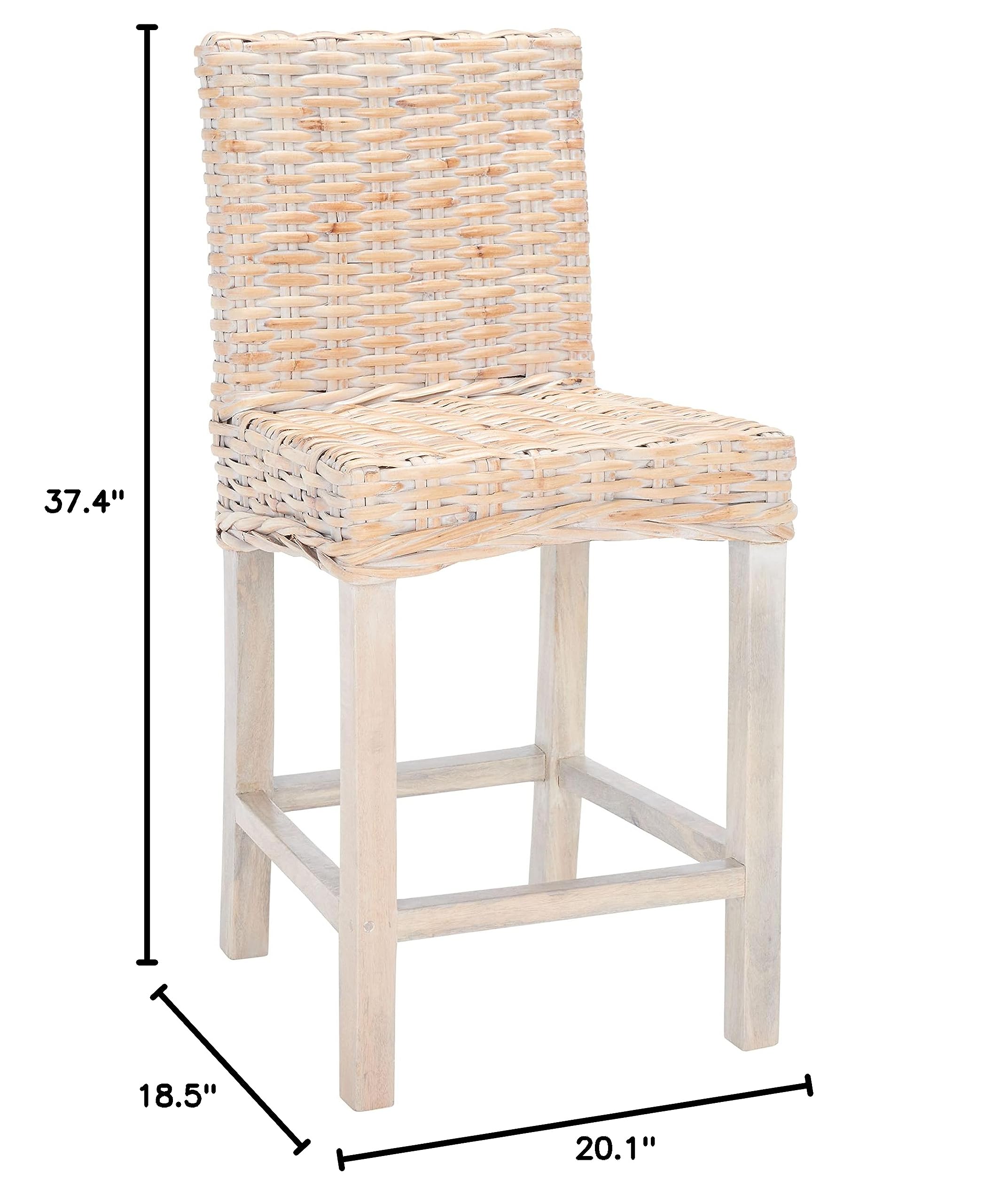 SAFAVIEH Home Tobie Natural White Wash Rattan 24-inch Counter Stool - Modern Farmhouse Kitchen Island Bar Stool for Dining Room & Breakfast Nook