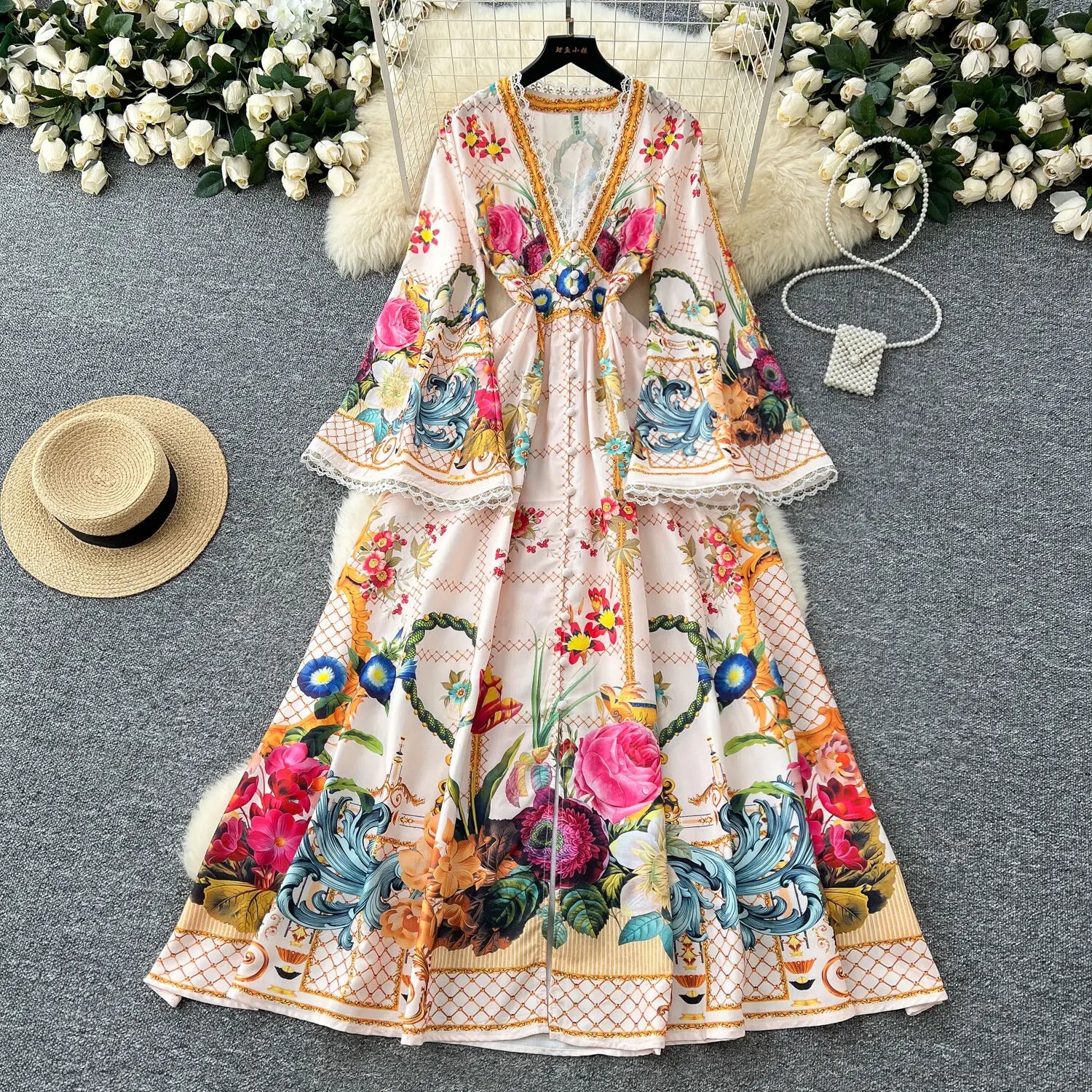 Elegant Floral Long Maxi Dress for Women - Lantern Sleeve, Single Breasted Lace Neckline, National Trench Print - Perfect for Parties, Weddings & Special Occasions