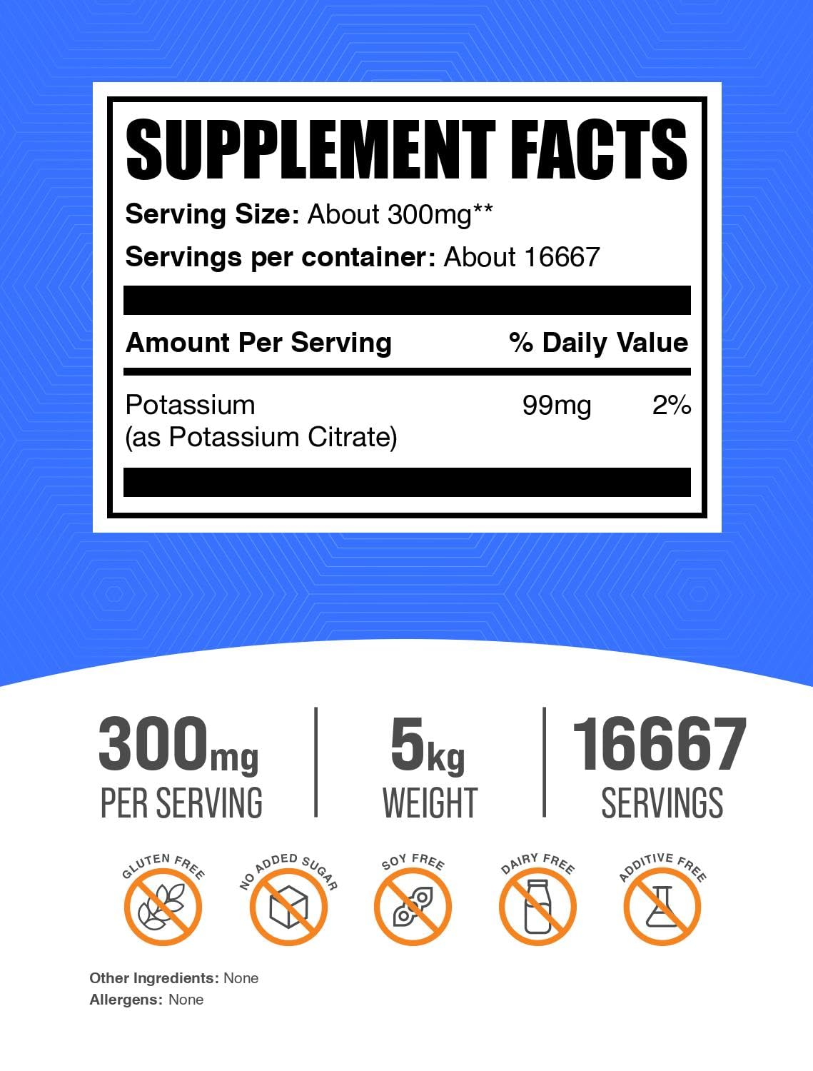 BulkSupplements Potassium Citrate Powder 5kg (11 lbs) - 99mg Pure Potassium Supplement, Gluten Free, 300mg per Serving - Supports Heart Health & Muscle Function - Ideal for Smoothies, Electrolyte Drinks & Baking