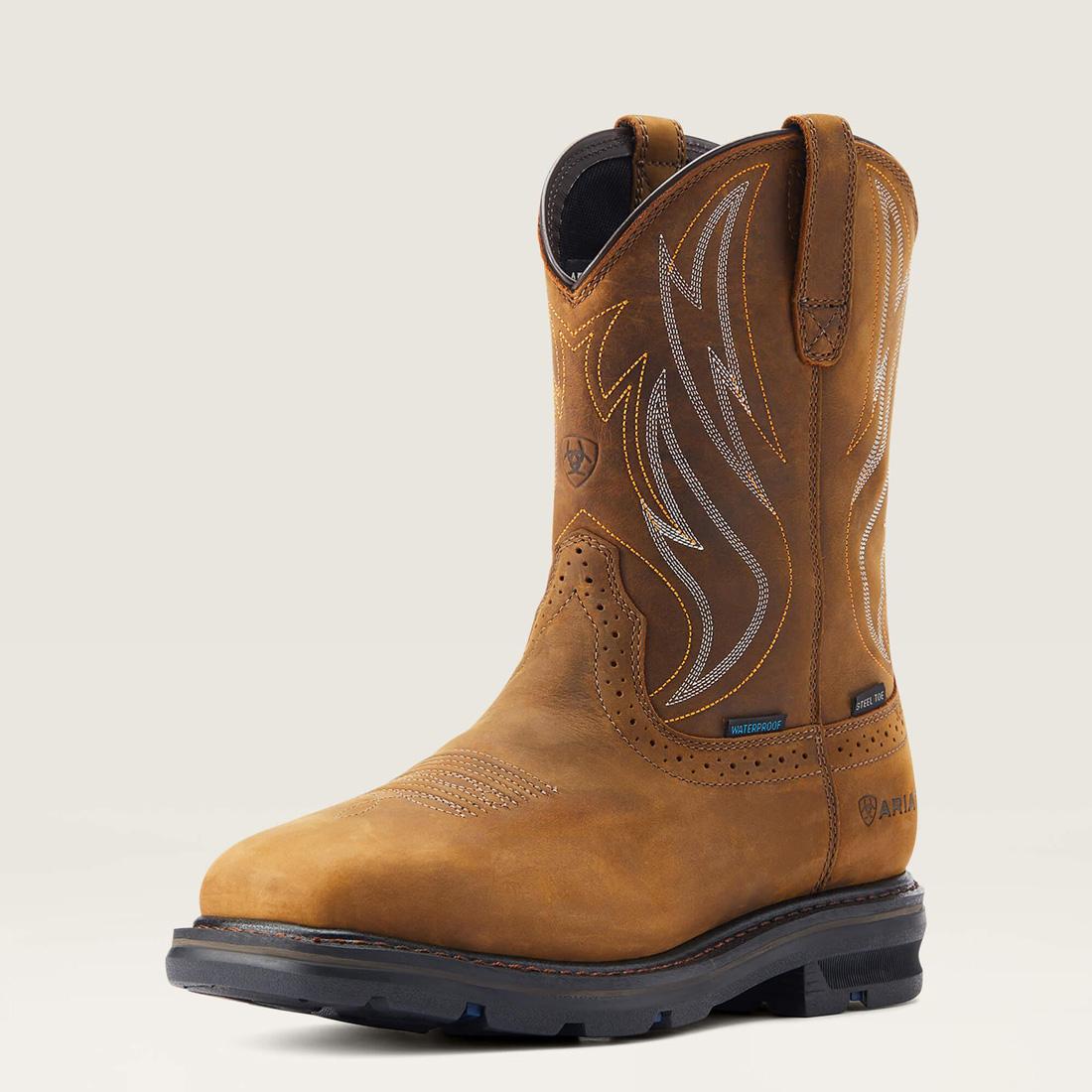Sierra Shock Shield Steel Toe Waterproof Work Boots for Men - Distressed Brown Leather Safety Shoes - Ideal for Construction, Warehouse & Outdoor Work