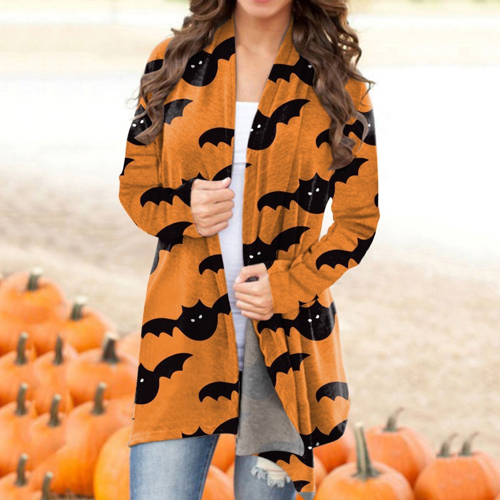 Women's Halloween Print Cardigan - Long Sleeve V-Neck Button Coat with Pumpkin & Bat Pattern | Cozy Fall Outerwear for Parties, Office & Casual Wear