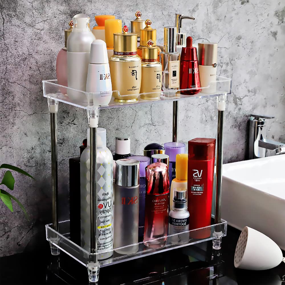 2-Tier Acrylic Bathroom Organizer Countertop - Skincare & Makeup Vanity Tray for Cosmetics, Perfume, Jewelry | Space-Saving Corner Shelf for Bathroom, Dresser, Kitchen Counter | Perfect for Small Spaces & Clutter-Free Organization