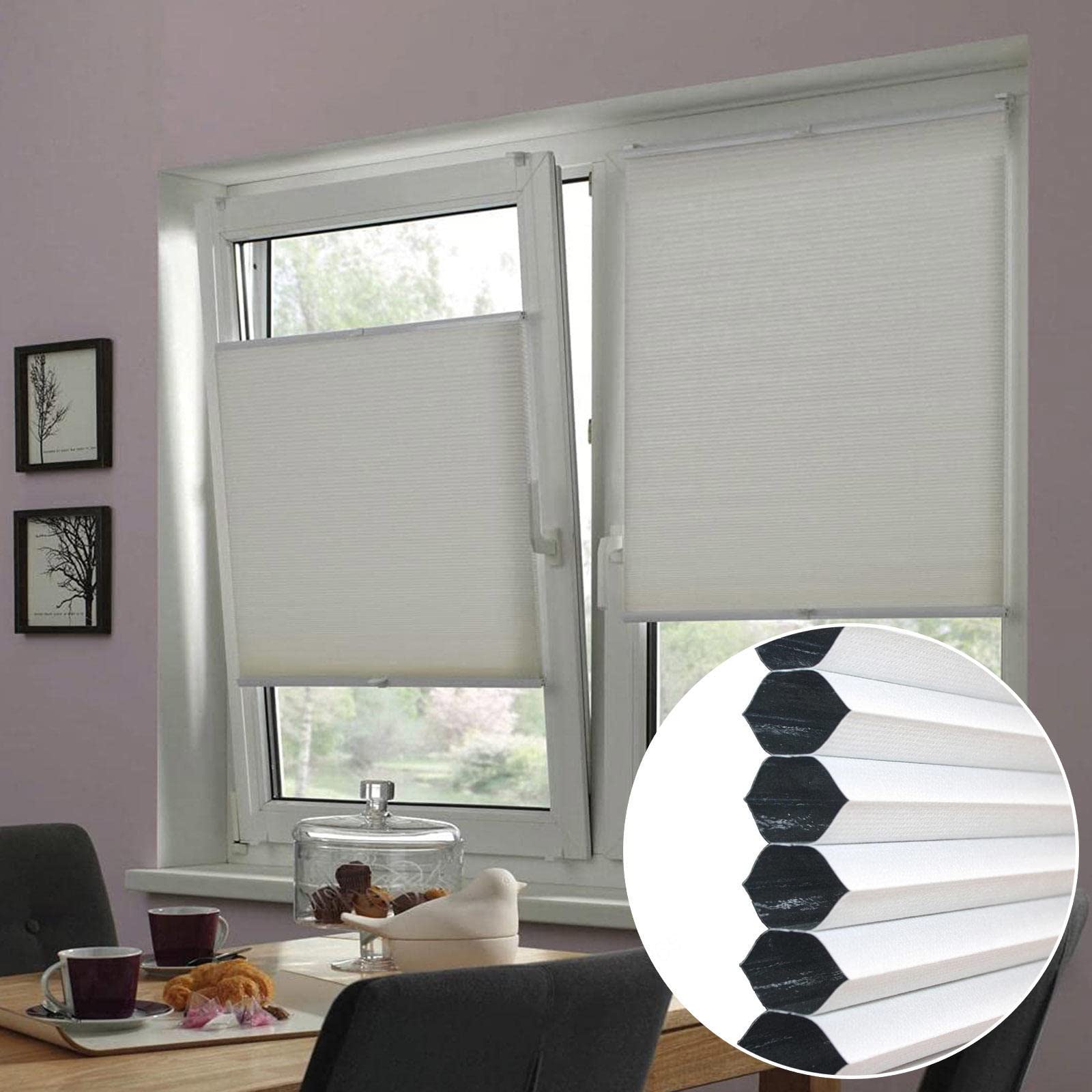 Blackout Honeycomb Cellular Shades - No Drilling Installation, White Insulated Pleated Blinds for Windows & Doors (43.3