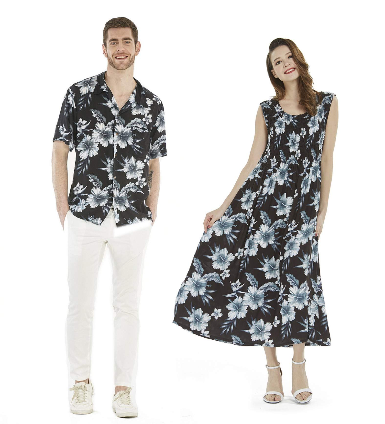 Stylish Matching Couple Hawaiian Luau Aloha Shirt & Maxi Tank Dress Set - Tropical Day Dream Bloom Print | Perfect for Beach Vacations, Summer Parties & Romantic Getaways