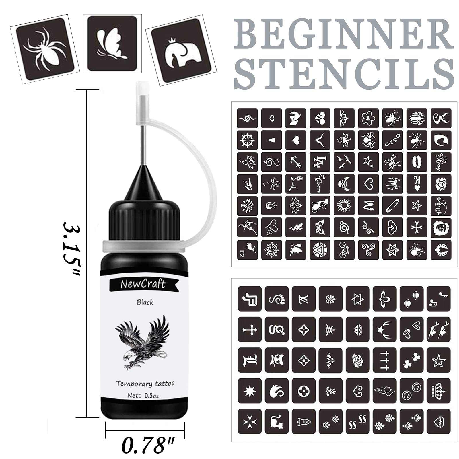 3 Packs Black Temporary Tattoo Kit with Ink & Stencils - Safe, Skin-Friendly Fake Tattoos for Adults, Teens & Kids - Perfect for Parties, Halloween & Cosplay