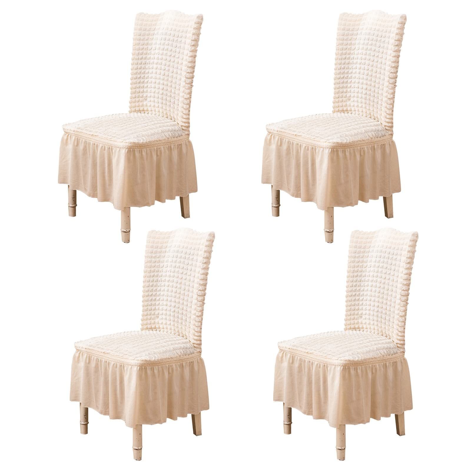 **Daesar Universal Stretch Chair Covers 4-Pack - Washable & Removable Slipcovers for Dining & Kitchen Chairs - Bubble Plaid Pattern with Skirt - Polyester Fabric in Beige - Perfect for Home, Office, and Party Decor**
