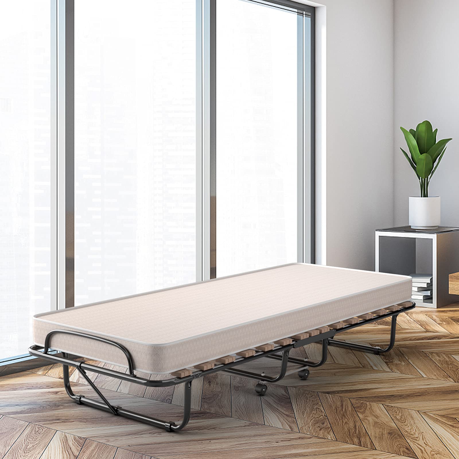 **Foldable Rollaway Bed with Memory Foam Mattress - Portable Guest Bed with Steel Frame & Casters for Adults - Home, Office, or Travel Use - Made in Italy**