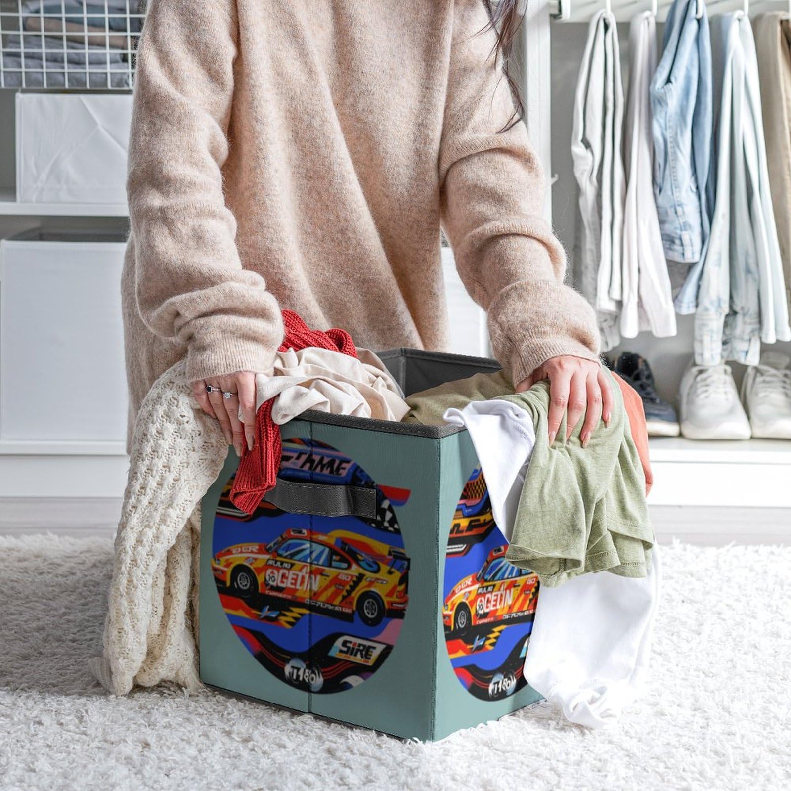 Collapsible Storage Bins with Handles - Printed Speed Racing Design for Extreme Sports Gear Organization | Perfect for Garage, Closet & Sports Equipment Storage