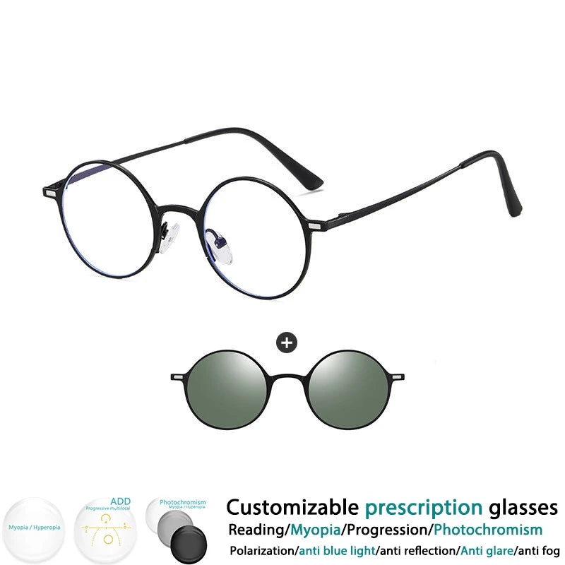 CCspace Women's Full Rim Round Alloy Eyeglasses with Clip-On Sunglasses - Stylish & Lightweight Frame for Reading, Driving, and Outdoor Activities (Model 302147)