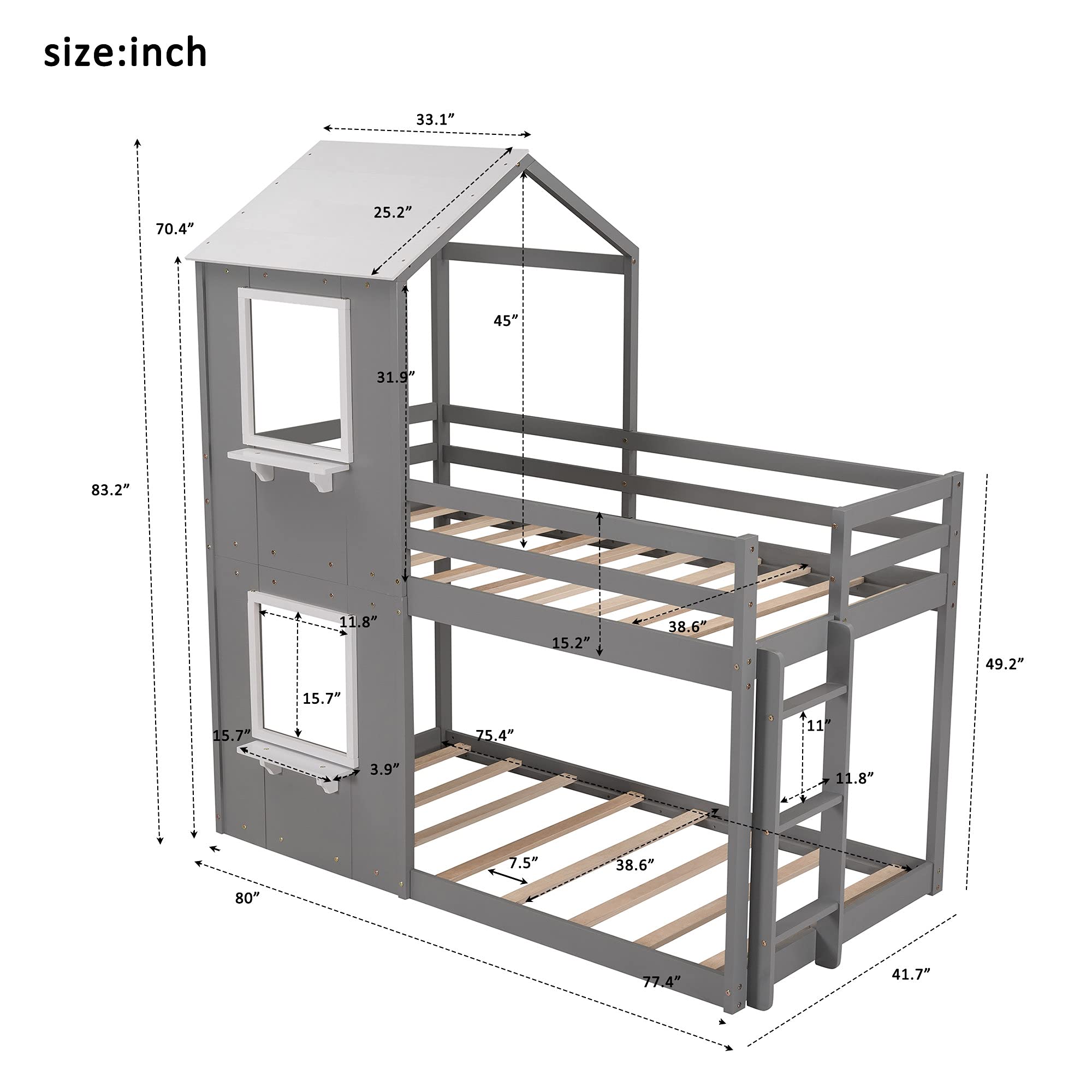 Kids House Shaped Bunk Bed with Roof & Window - Twin Over Twin Loft Bed with Guardrail & Ladder - Gray Themed Bedroom Furniture for Boys & Girls - Perfect for Small Spaces, Sleepovers & Playtime