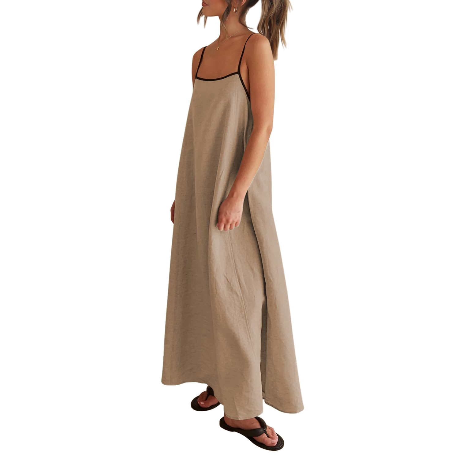 Senllen Women's Linen Summer Dress - Loose Flowy Sundress with Contrast Spaghetti Straps, Sleeveless Backless Beach Maxi Long Dress for Vacation, Pool Party & Casual Outings