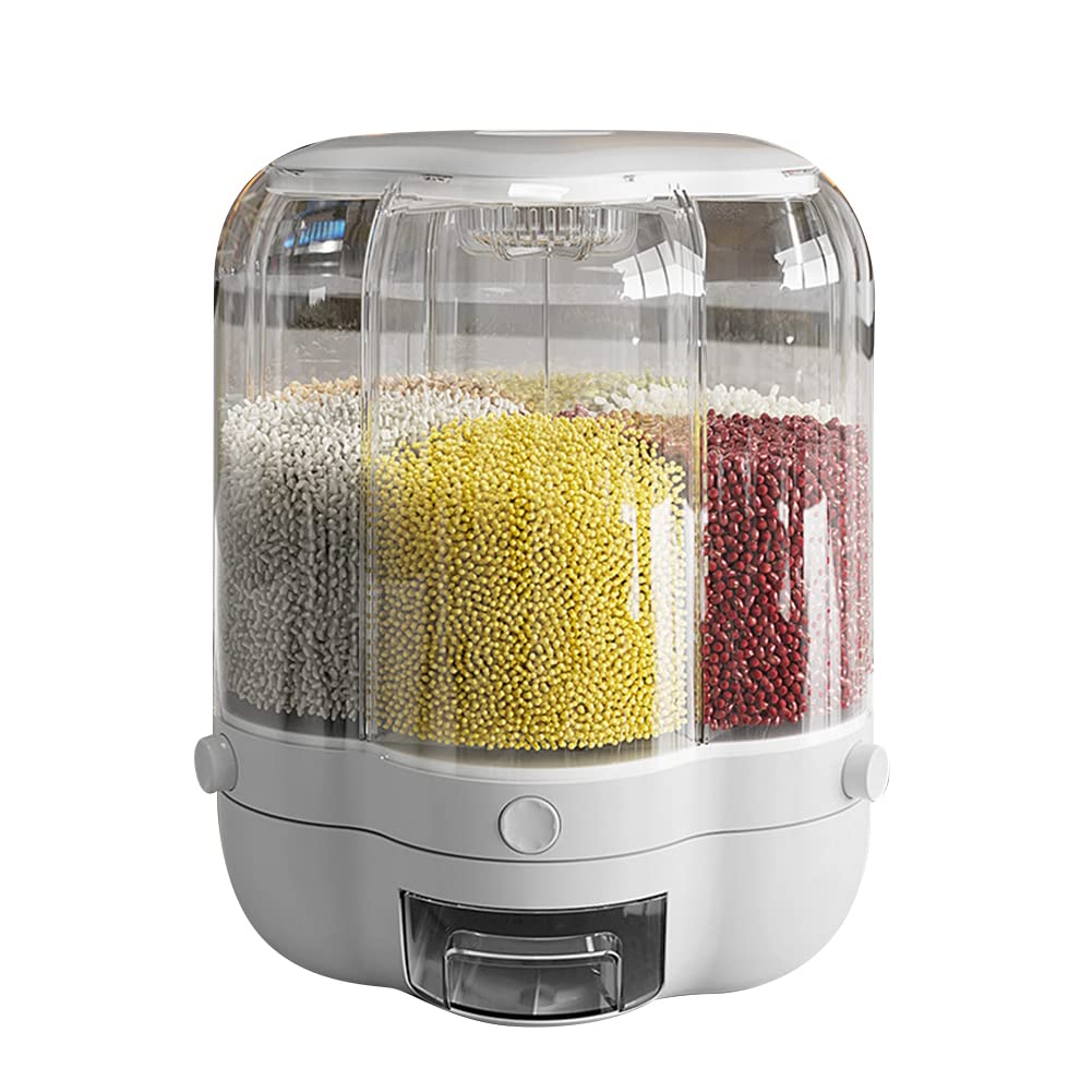 6-Grid Rotating Rice Dispenser - White Large Grain Storage Container for Kitchen | Dry Food Storage Box for Cereal, Coffee Beans & Snacks | One-Click Output Visible Round Storage Bucket | Perfect for Pantry Organization & Bulk Food Storage