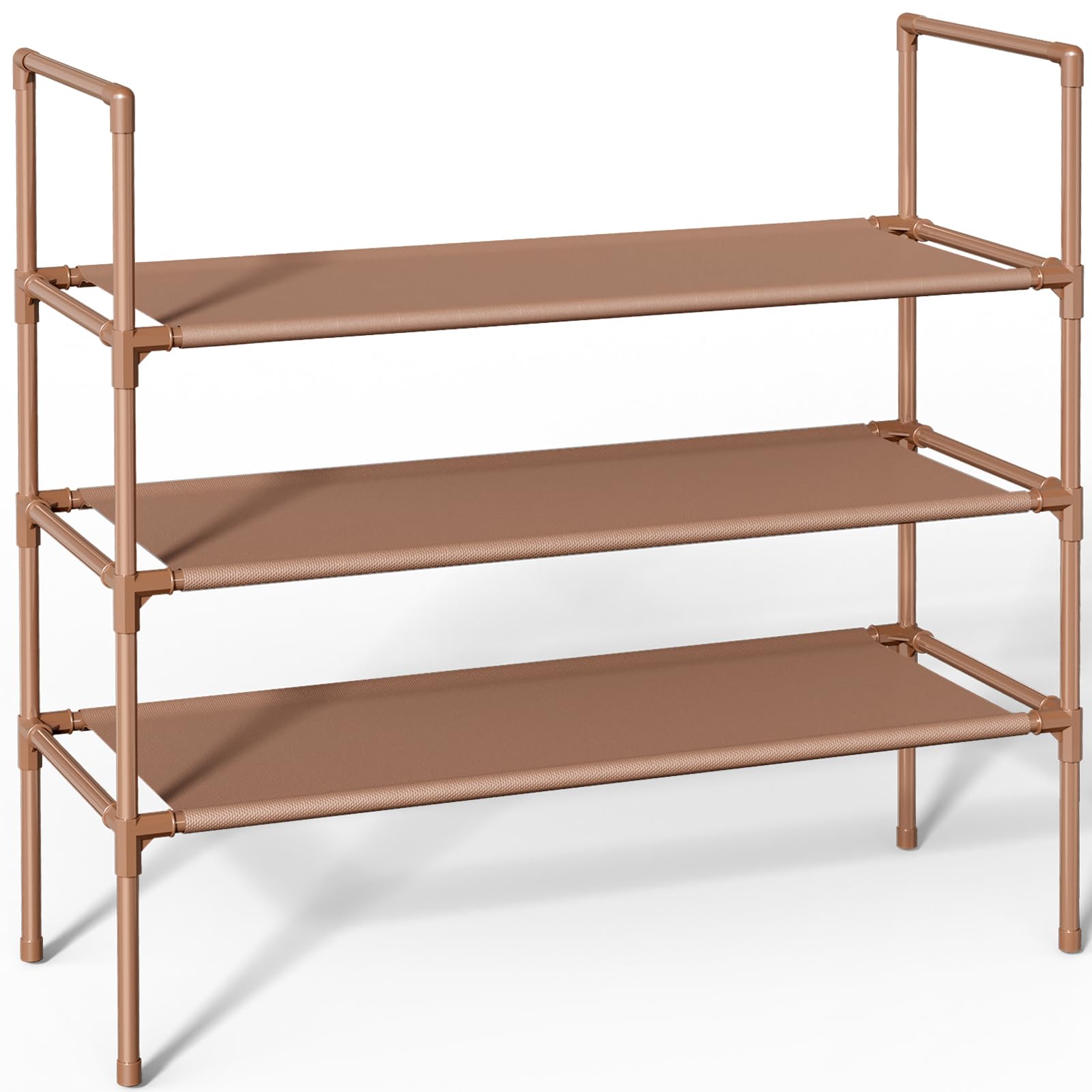 3-Tier Stackable Shoe Rack Organizer with Non-Woven Fabric - Extra Large Brown Shoe Shelf for Closet, Garage, Entryway & Hallway - Sturdy Space-Saving Storage Solution for Shoes, Boots & Sneakers - Perfect for Home, Apartment & Dorm Organization