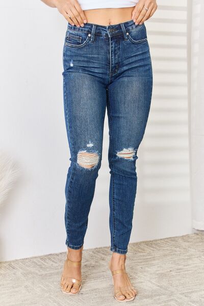 Judy Blue Women's High Waist Distressed Skinny Jeans - Stretch Denim Pants for Casual Wear & Everyday Outfits