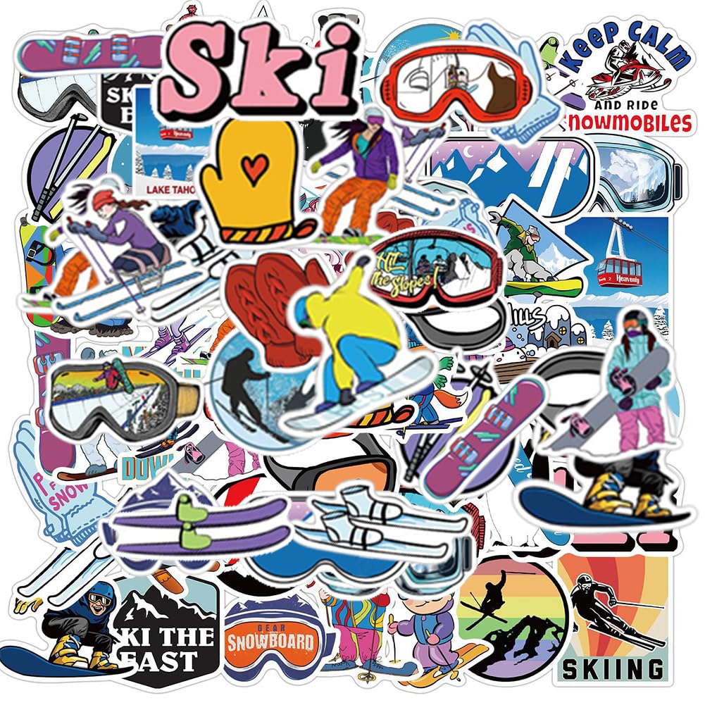 50 Pcs Waterproof Skiing Stickers - Vinyl Decals for Helmet, Snowboard, Water Bottle, Bike, Laptop & More | Winter Sports, Outdoor Adventure & Travel Accessories | Perfect for Ski Resorts, Snow Trips & Gear Customization