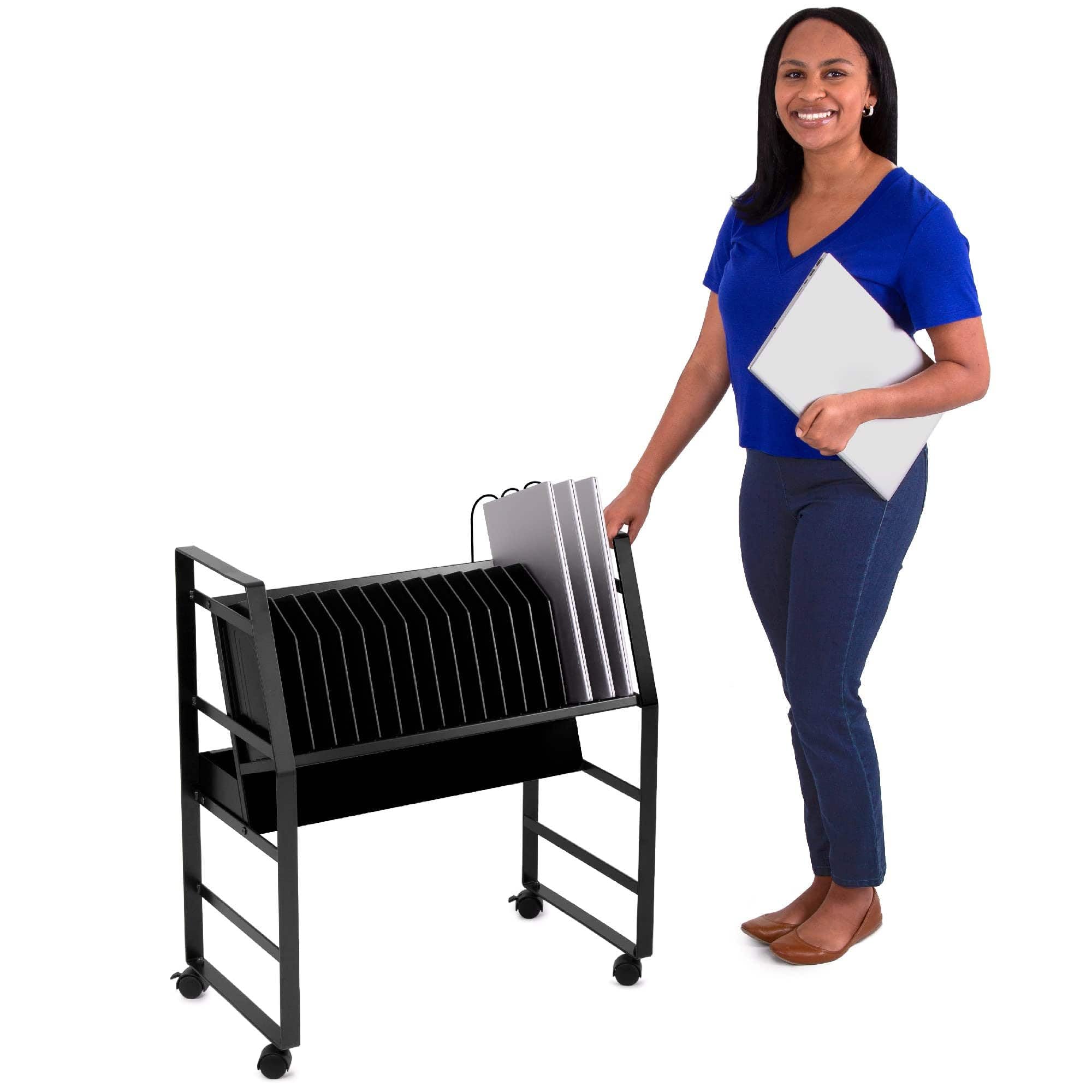 16-Device Mobile Charging Station with UL-Certified Surge Protection | Steel Rolling Cart for Laptops, Tablets & Chromebooks | Open Design with Dividers | Portable Charging Stand (Black) - Perfect for Schools, Offices & Libraries