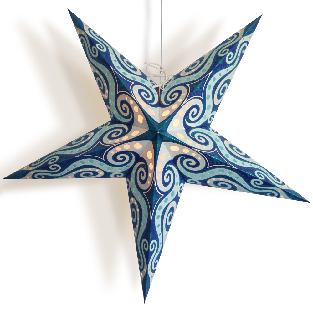 24 Pack Turquoise Blue Mouri Glitter Paper Star Lanterns for Party Decorations, Wedding, Baby Shower & Home Decoration - Hanging Star Lights for Indoor/Outdoor Use