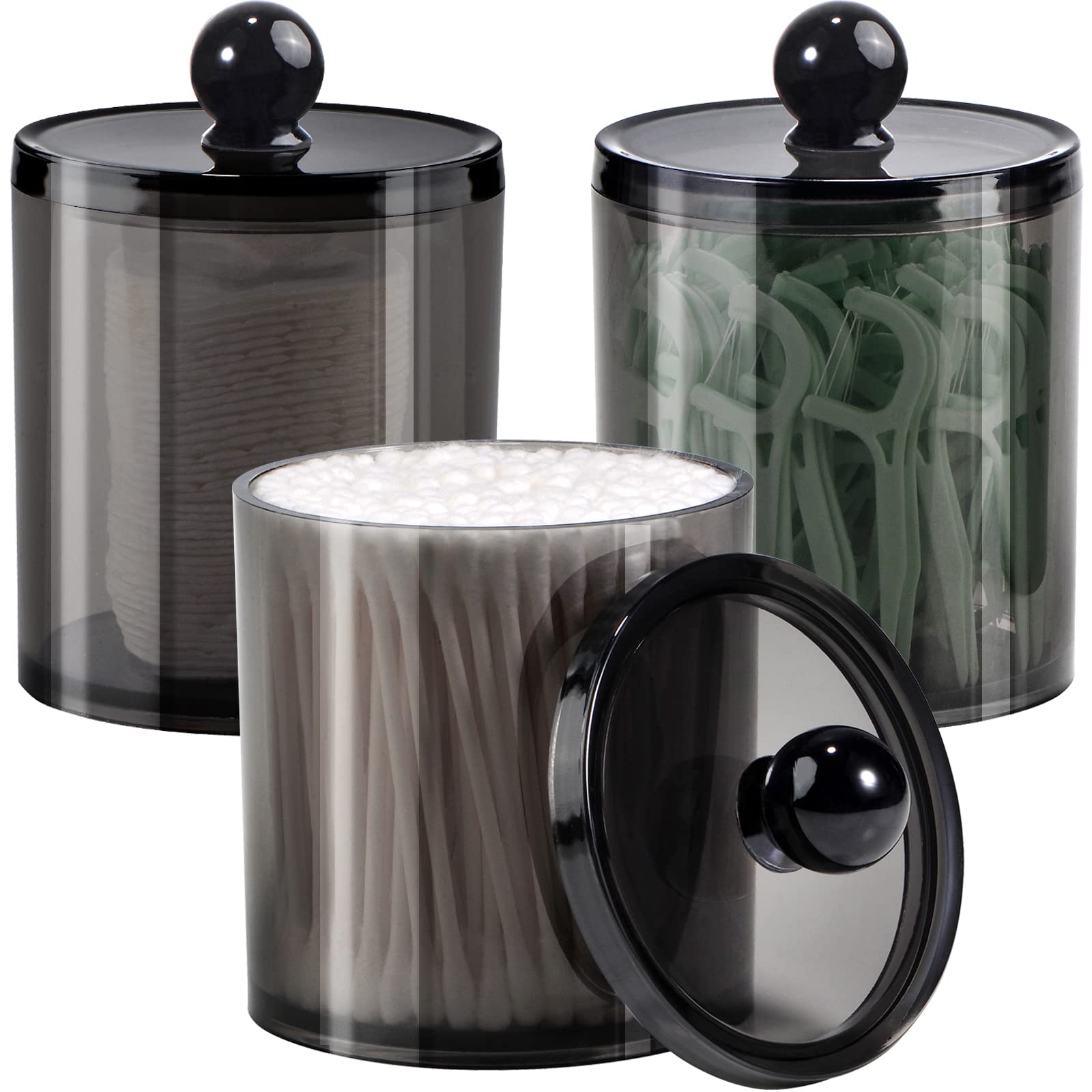 3 Pack Black Plastic Q-Tip Dispenser Apothecary Jars with Labels - Cotton Swab Holder & Storage Organizer for Bathroom, Vanity, Salon (Cotton Balls, Rounds, Floss Picks, Hair Clips & Ties) - Perfect for Countertop Organization and Travel Essentials