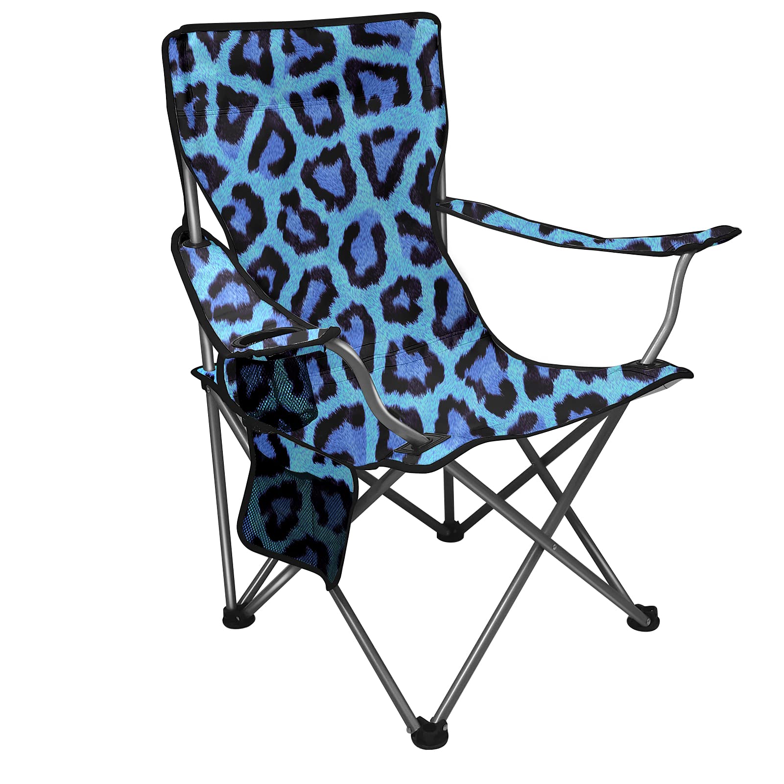 Blue Leopard Print Beach Chair - Portable Folding Camping Chair with Storage Bag & Cup Holders, Lightweight Outdoor Rocking Lounge Chair for Adults - Perfect for Beach, Poolside, Backyard, Picnics and Camping Trips