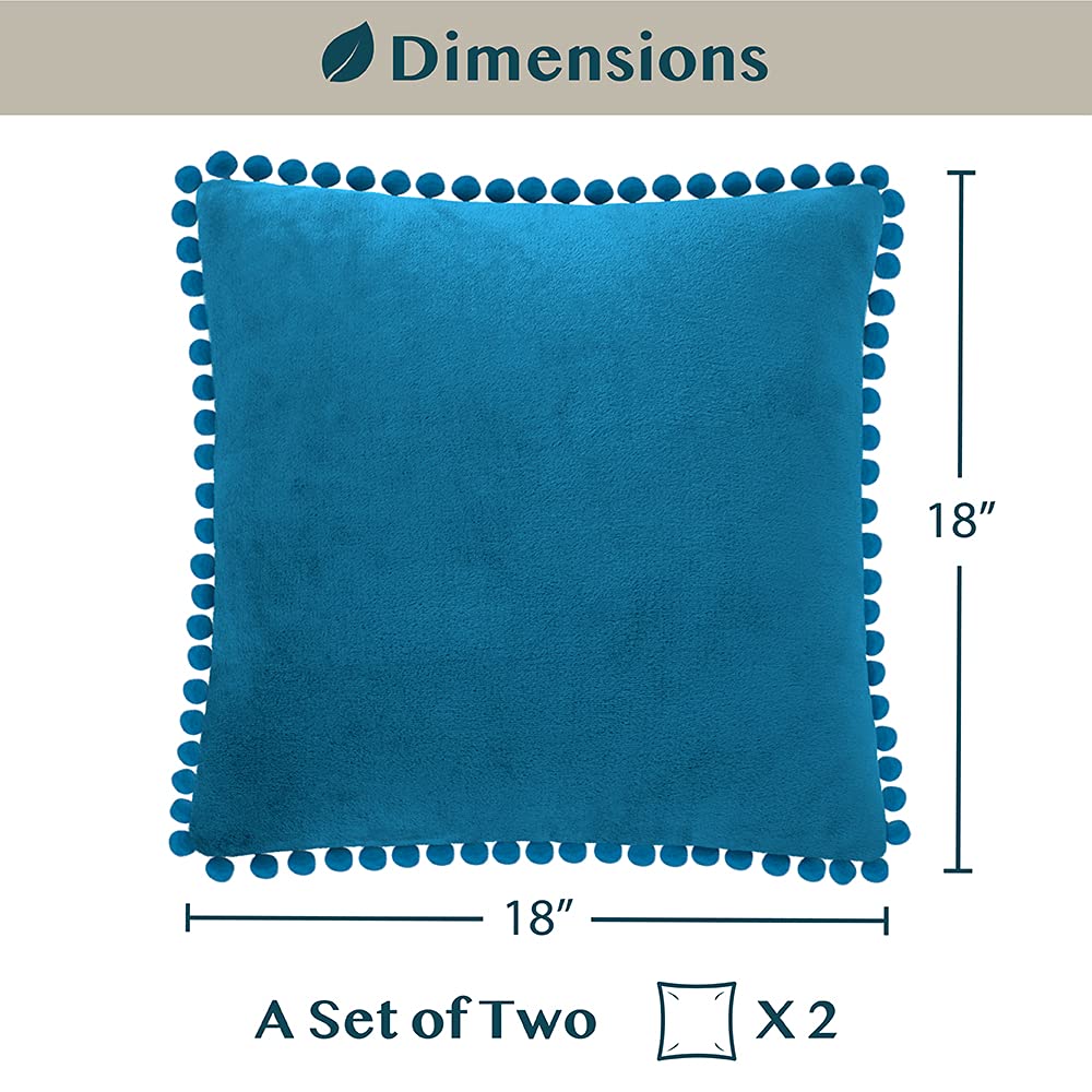 PAVILIA Teal Blue Velvet Throw Pillow Covers 18x18 Inches Set of 2 - Soft Plush Pom Pom Decorative Cushion Covers for Sofa, Couch & Bed - Luxury Home Decor for Living Room, Bedroom & Dorm Aesthetic