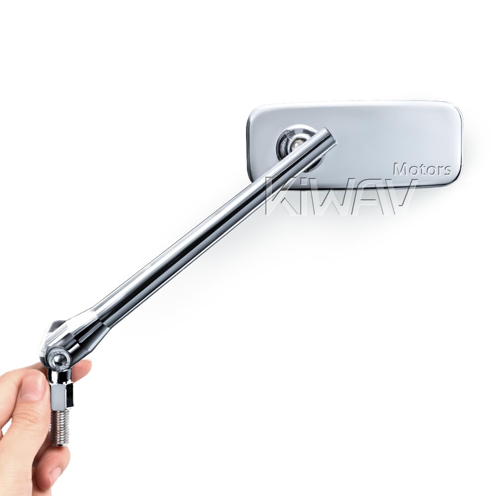 KiWAV Rectangular Motorcycle Mirrors - ClassicPlus Polished Chrome, Convex Aspherical Anti-Glare with Blue Tint, 10mm Longer Stem & 5/16