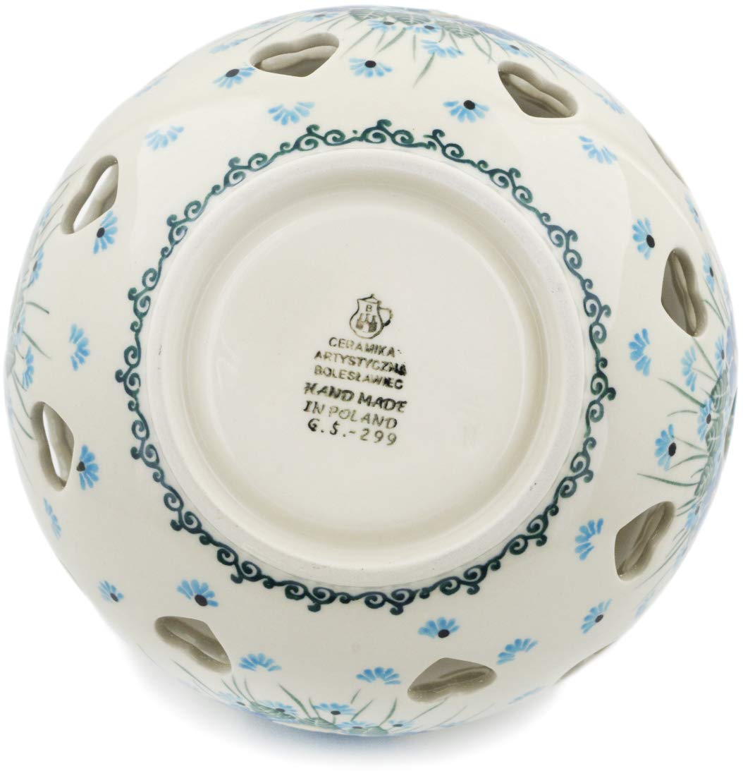Handmade Polish Pottery 7-inch Votive Candle Holder - Ceramika Artystyczna Forget Me Not Design - Authentic Certificate Included | Perfect for Home Decor, Wedding Centerpieces & Holiday Candles