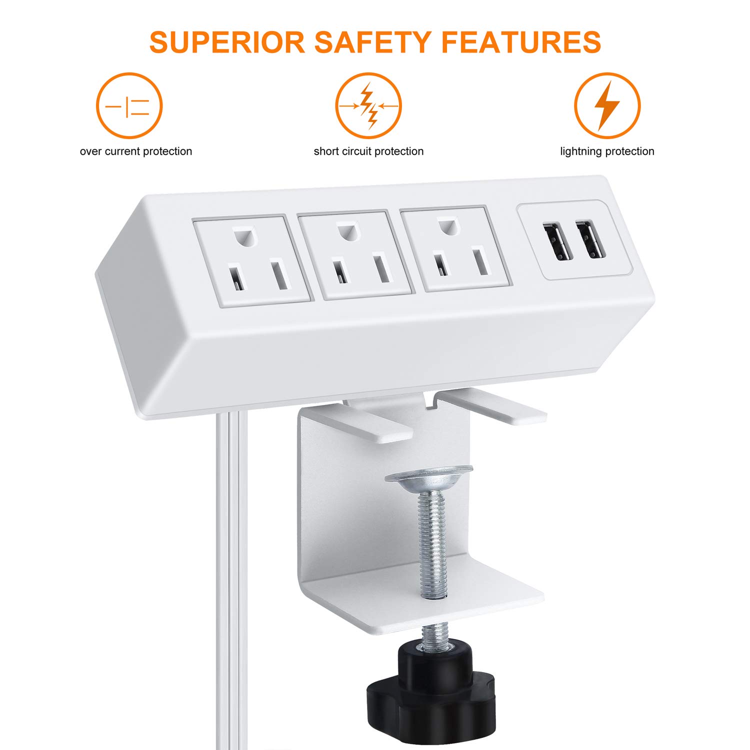 3 Outlet Desk Clamp Power Strip with USB - 10FT White for Home Office