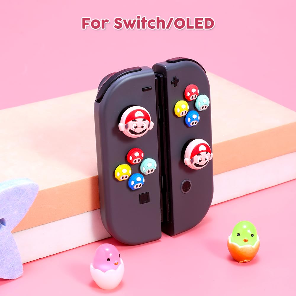 PERFECTSIGHT Mushroom D-Pad Button Caps & Silicone Thumb Grips Set for Nintendo Switch/Switch OLED - Cute ABXY Key Buttons Sticker & Joystick Cover Caps for Mario Fans | Gaming Accessories for Enhanced Comfort & Grip During Play