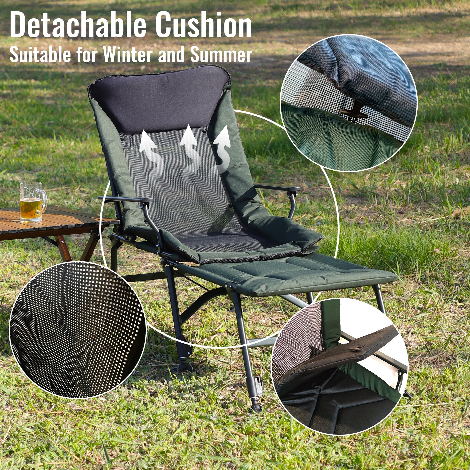 Portable Folding Reclining Camping Chair with Detachable Footrest & Adjustable Backrest - Lightweight Outdoor Lounge Chair for Camping, Beach, Hiking, Fishing (Green & Black) - Perfect for Backyard Relaxation, Picnics and Tailgating