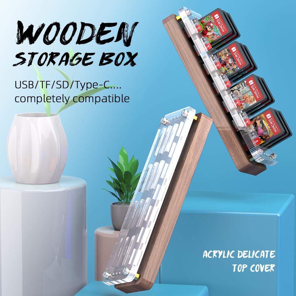 FEIFANZHE 19 Slots Wooden Switch Game Storage Case - Nintendo Switch Game Card Holder Organizer, Walnut TF Card Box for Switch Games - Perfect for Travel & Home Gaming Organization