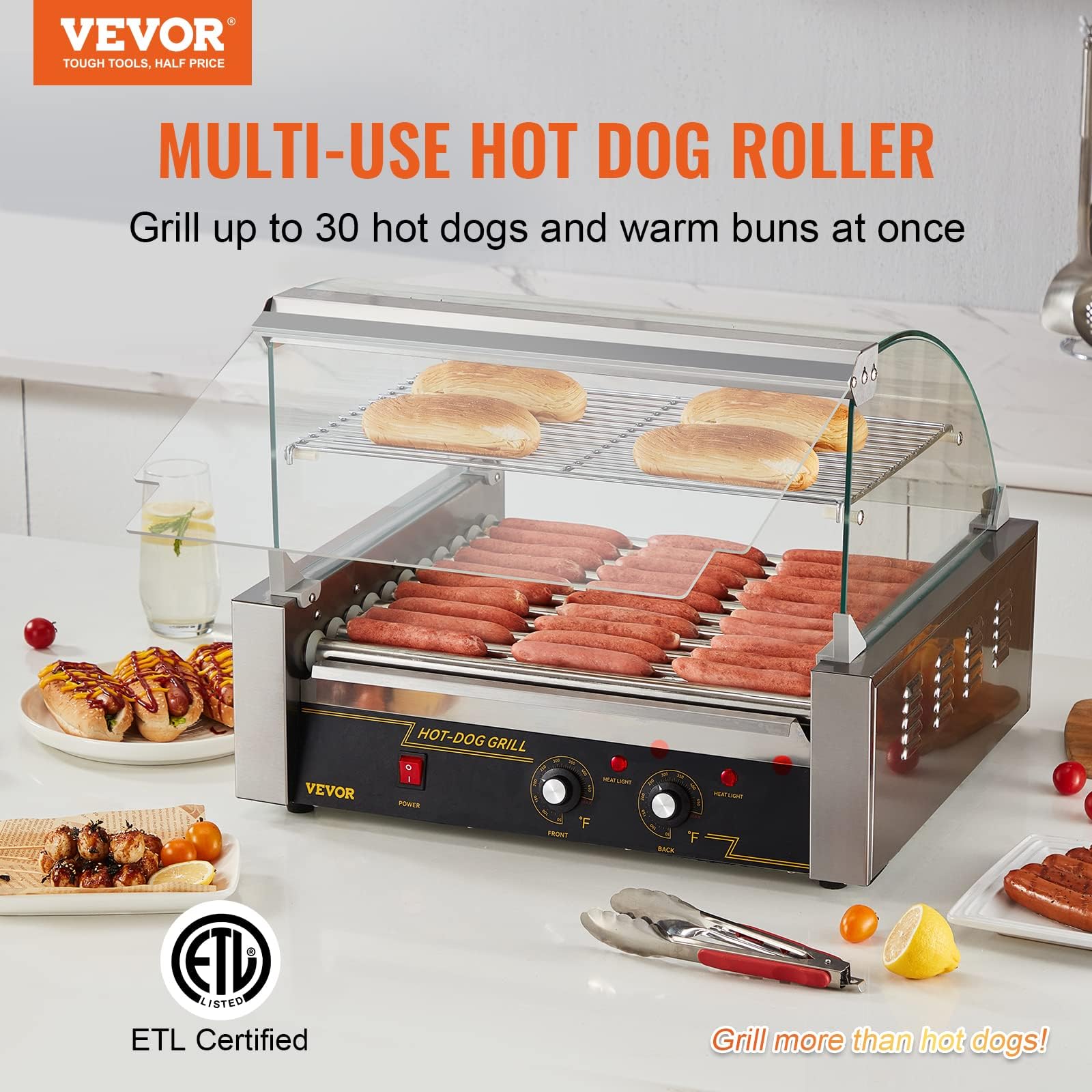 VEVOR Commercial Hot Dog Roller Machine - 11 Stainless Steel Rollers, 1650W, 30 Hot Dogs Capacity - Dual Temperature Control, Glass Hood, Bun Warmer & Removable Drip Tray - ETL Certified for Restaurants, Food Trucks & Outdoor Events