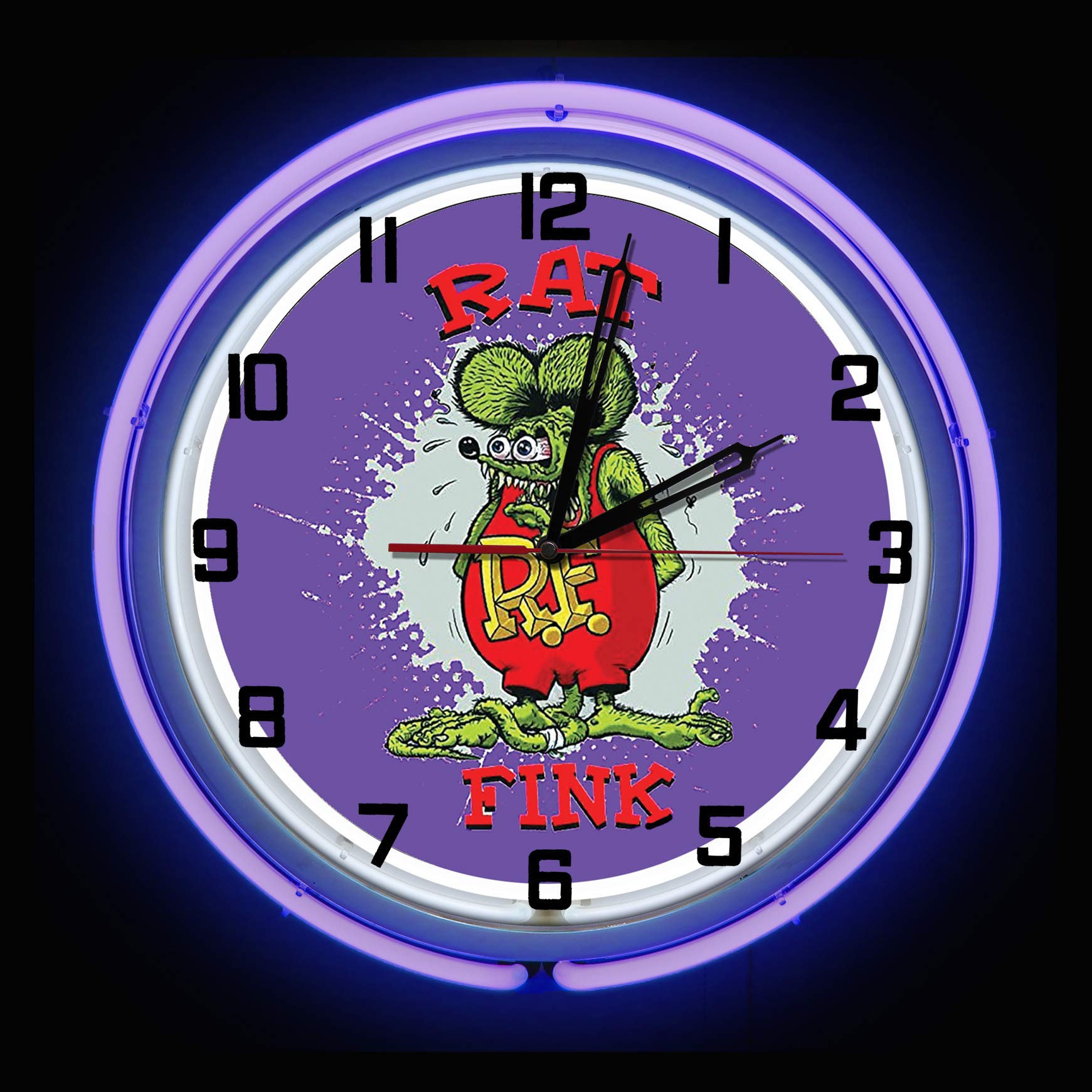 19-Inch Rat Fink Purple Neon Clock with Purple Outer Tube & Dual Neon Tubes - Perfect for Retro Home Decor, Man Cave, or Vintage Bar Sign