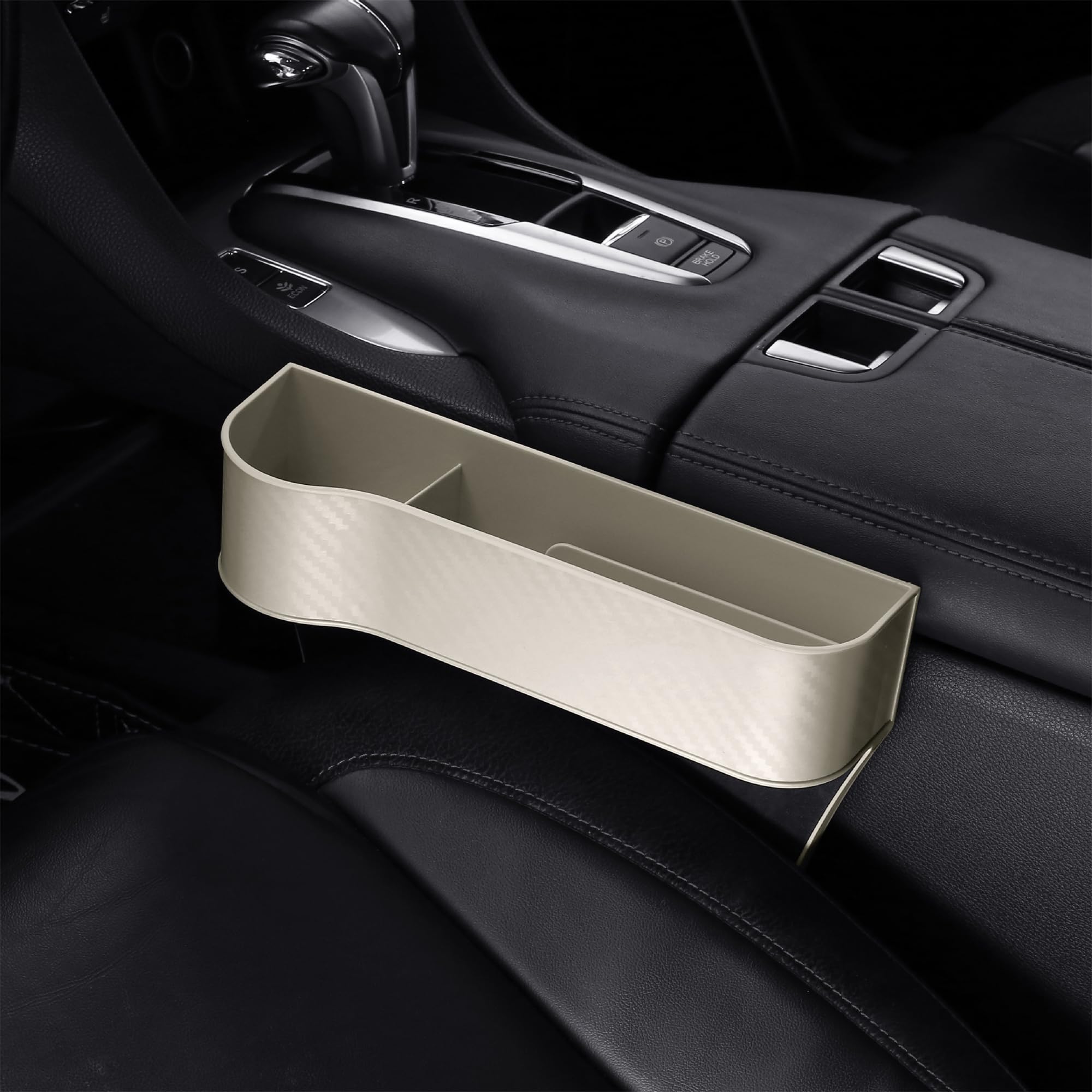 Premium Leather Car Seat Gap Filler Organizer - Multifunctional Car Storage Accessory with Carbon Fiber Design (Beige) - Perfect for Phones, Keys & Small Items in SUV, Sedan & Truck