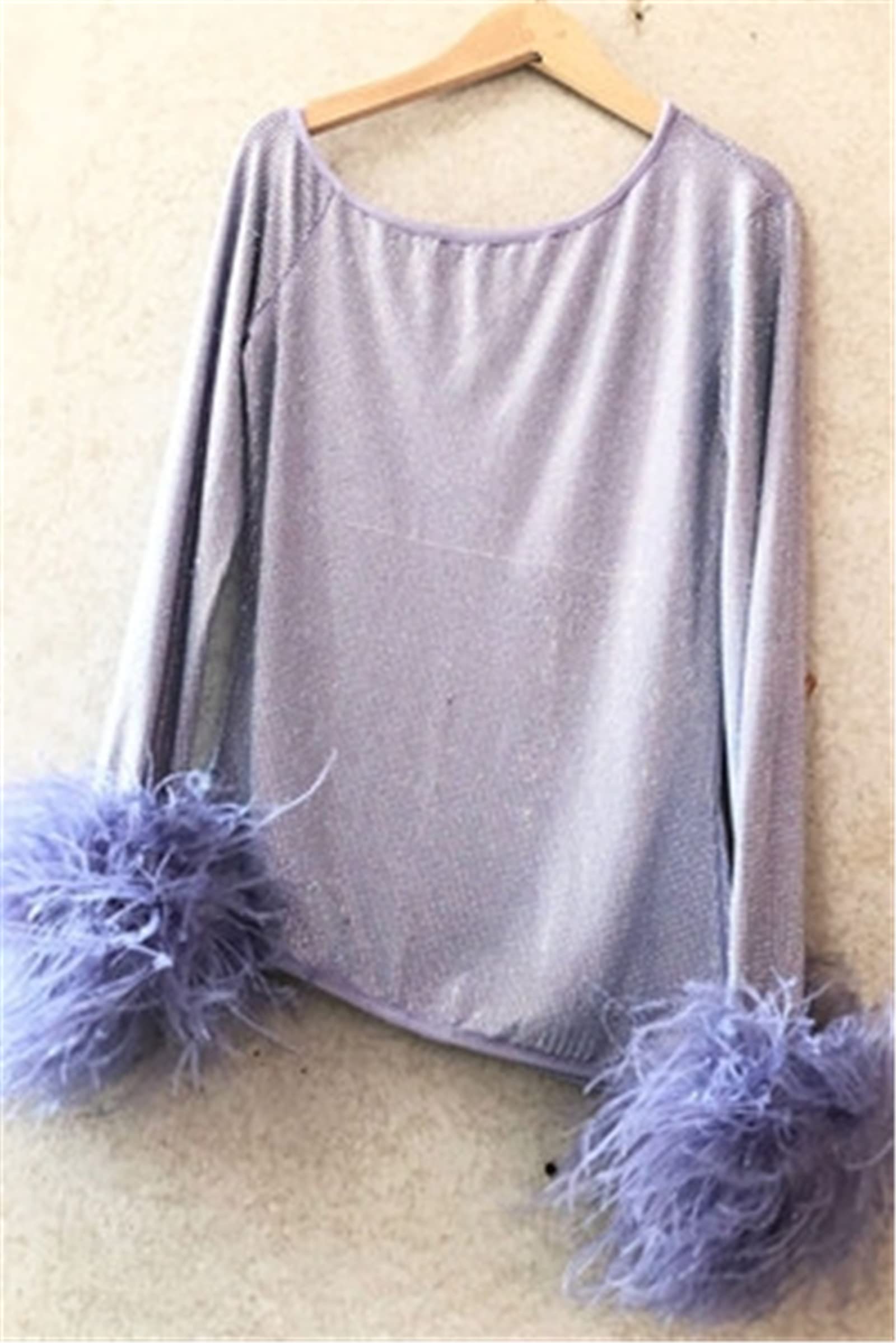 CE-11 Women's Shiny Sheer Mesh Top with Real Ostrich Feather Cuffs & Rhinestone Crystal Details - Long Sleeve Asymmetrical Sexy Shirt Dress (XXL, Purple) | Perfect for Nightclub Outfits, Party Wear, and Special Occasions