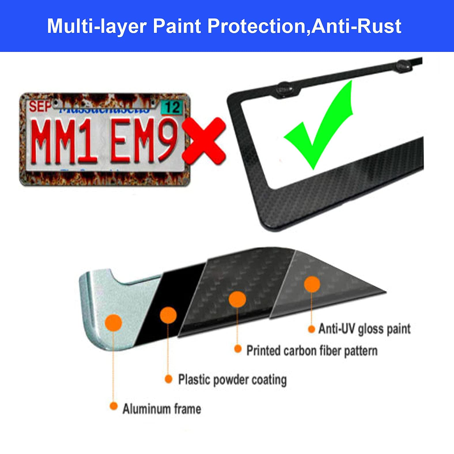 2 Pack Heavy Duty Black Aluminum Carbon Fiber License Plate Frame Holder - Universal Fit for Cars, Trucks & SUVs - Durable & Stylish for Everyday Driving & Customization