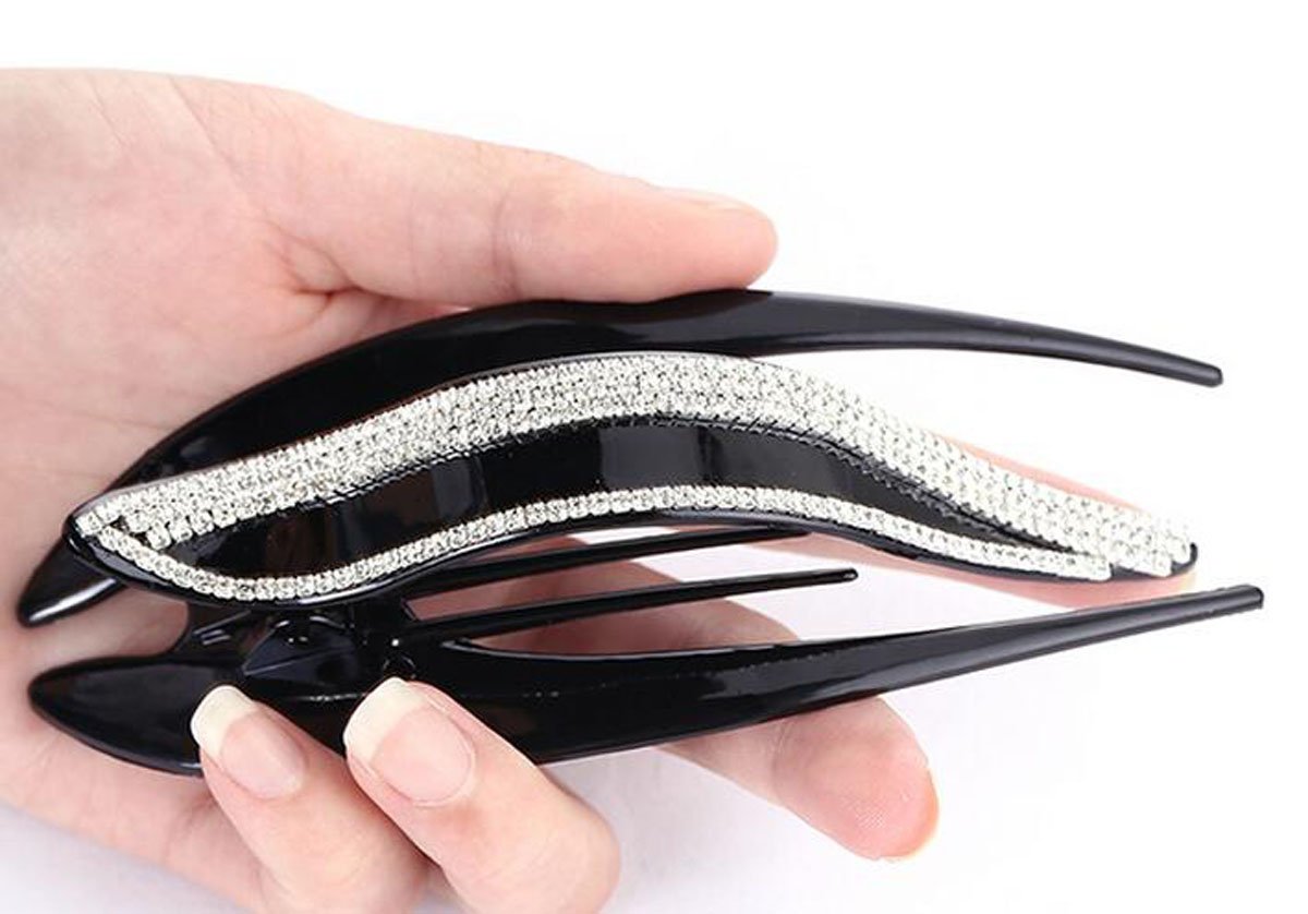 Suoirblss Women's Elegant Banana Hair Clips - Large Rhinestone Claw Clips for Thick Hair, Duck Arch Hair Claw (Black) | Perfect for Updos, Ponytails & Everyday Hairstyles
