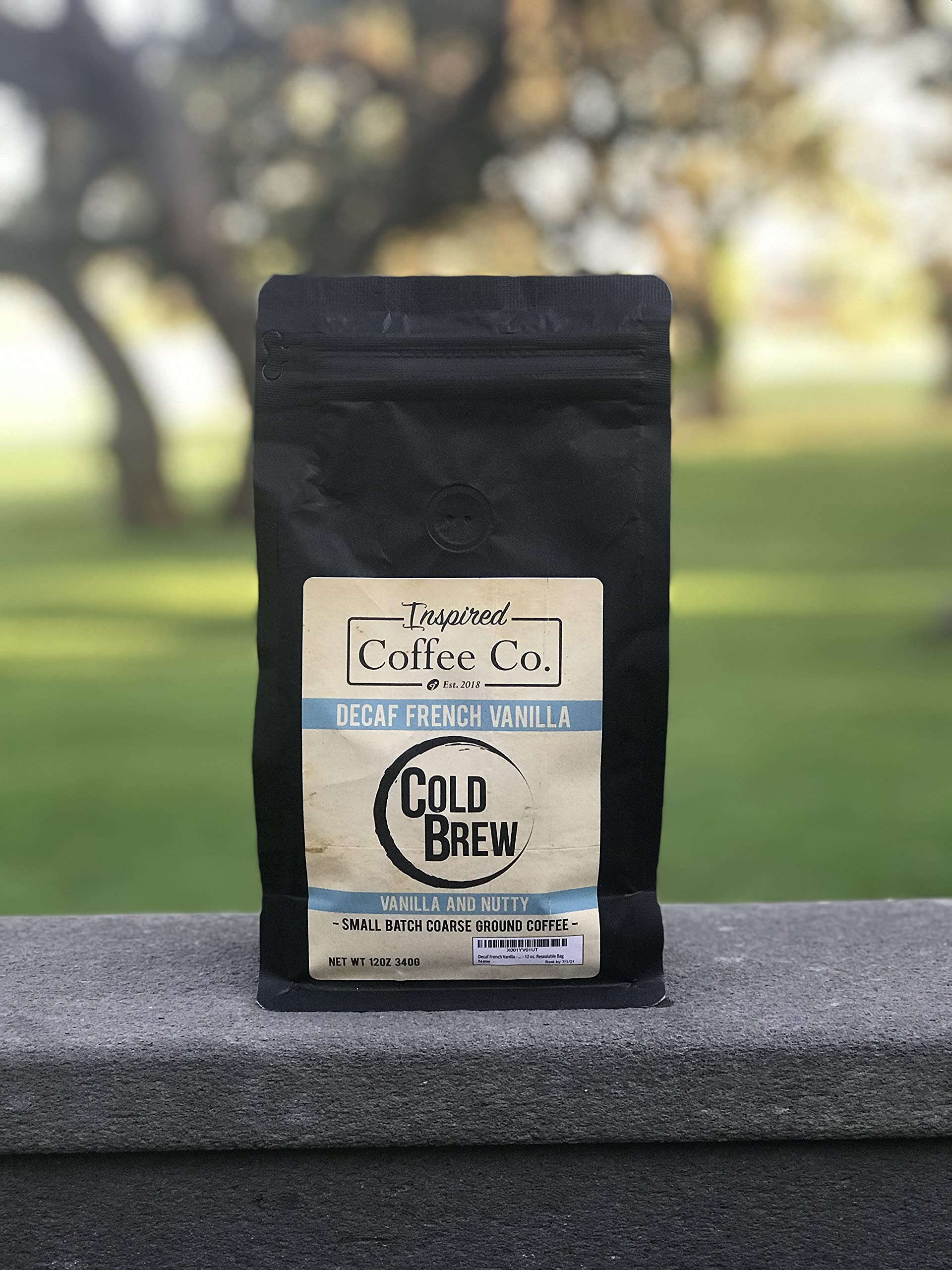 Decaf French Vanilla Flavored Cold Brew Coffee - Swiss Water Processed Coarse Ground Coffee - 12 oz Resealable Bag (Blue & Black) - Perfect for Iced Coffee, Office Brewing & Camping Trips
