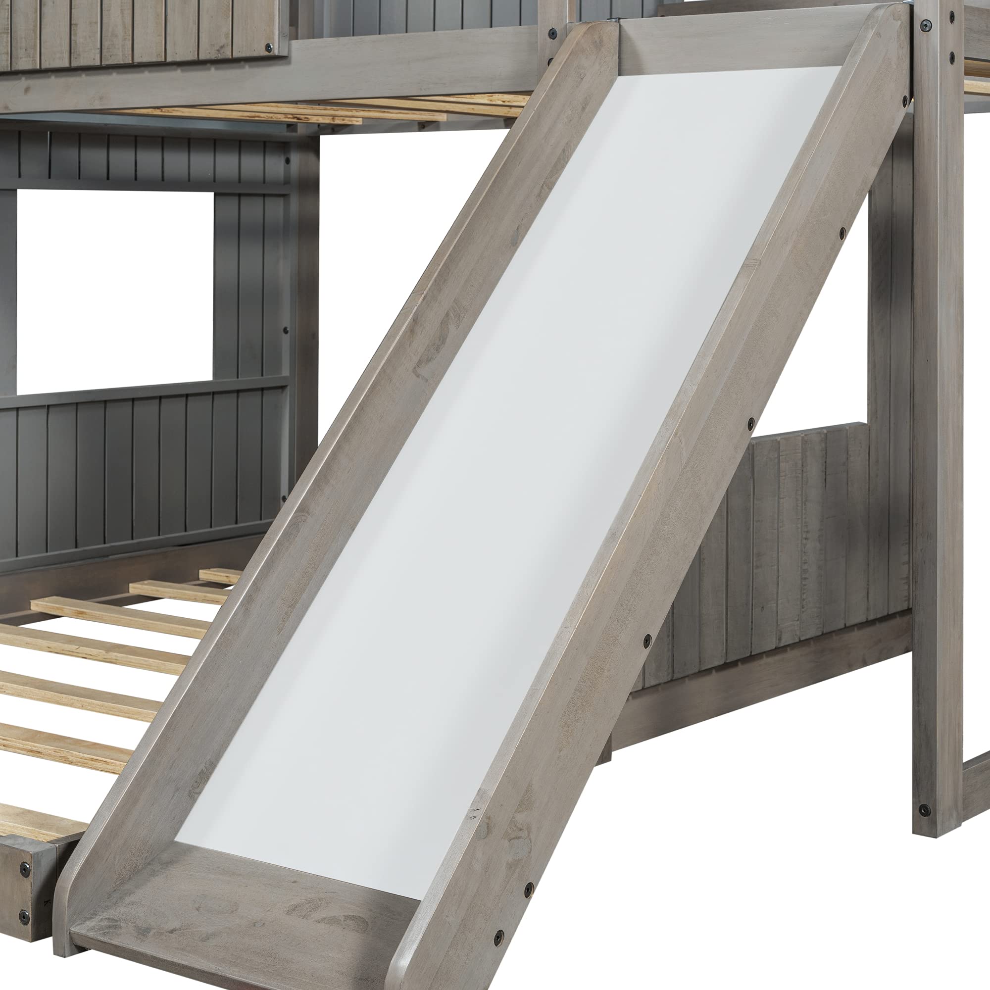 Quarte Twin Over Full Bunk Bed with Slide & Ladder - Solid Wood Loft Bed Frame with Playhouse, Farmhouse Design & Safety Guardrails - Perfect for Kids, Teens & Toddlers (Antique Gray) - Space-Saving Solution for Bedrooms, Playrooms & Vacation Homes