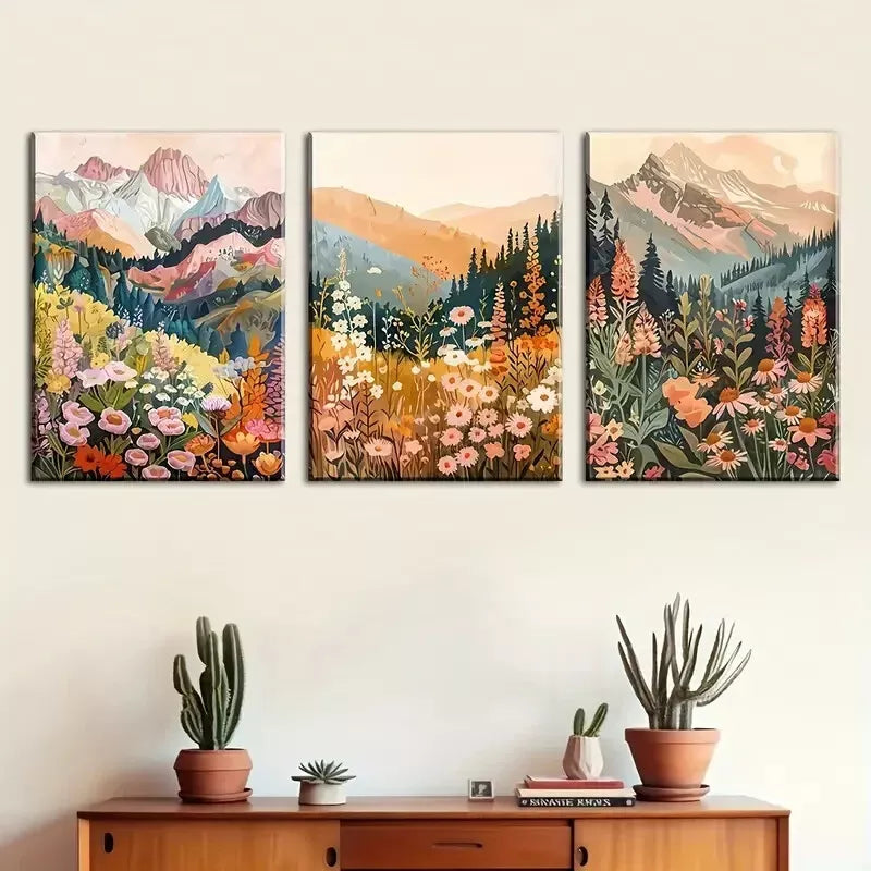 3-Piece Abstract Mountain and Flower Wall Art Set - Framed Canvas Prints 40x60cm (16x24 inches) | High Quality Australian Made Ready-to-Hang Decor for Living Room, Bedroom & Office