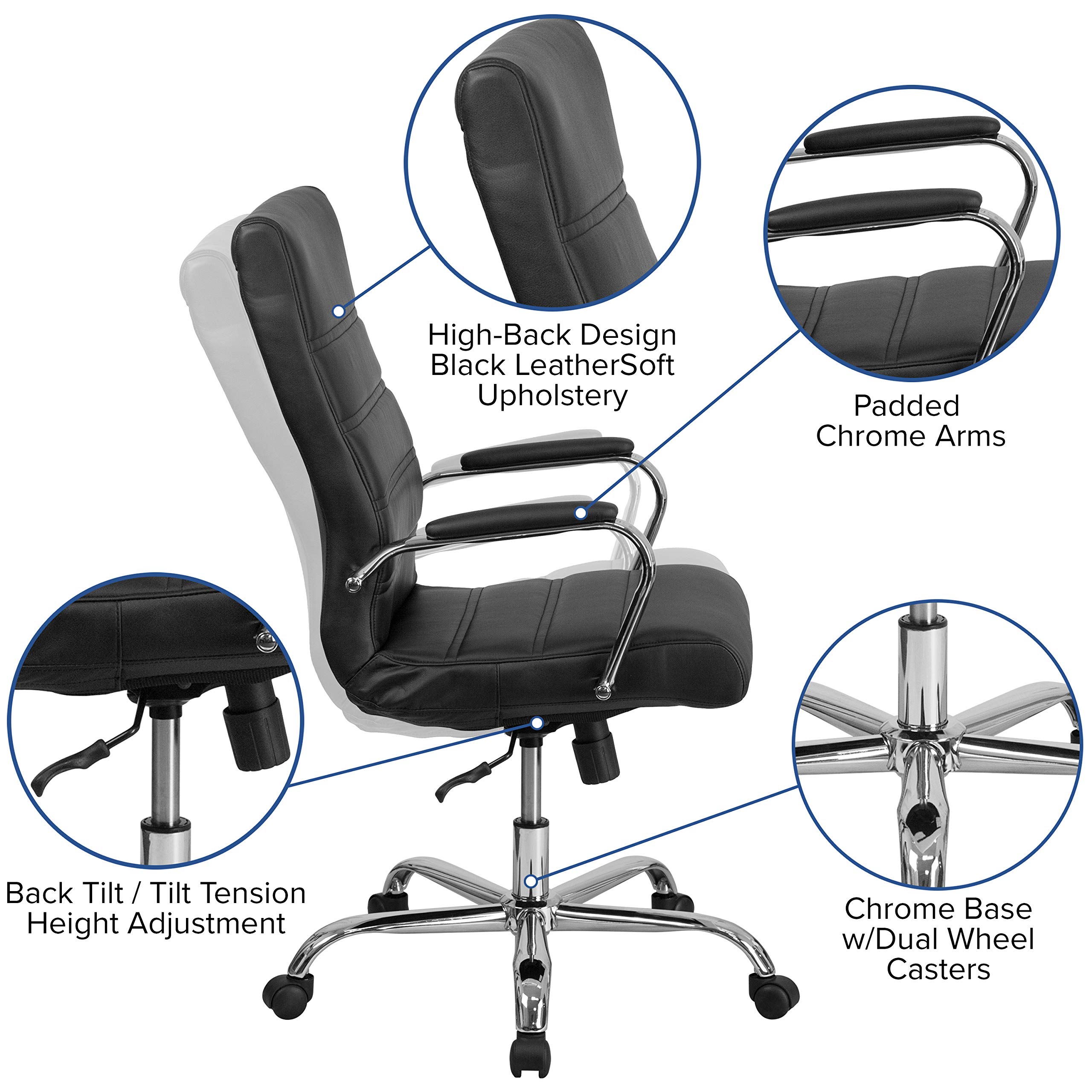 Whitney High-Back LeatherSoft Office Chair - Adjustable Swivel Desk Chair with Armrests, Black/Chrome - Perfect for Home & Office Workspaces