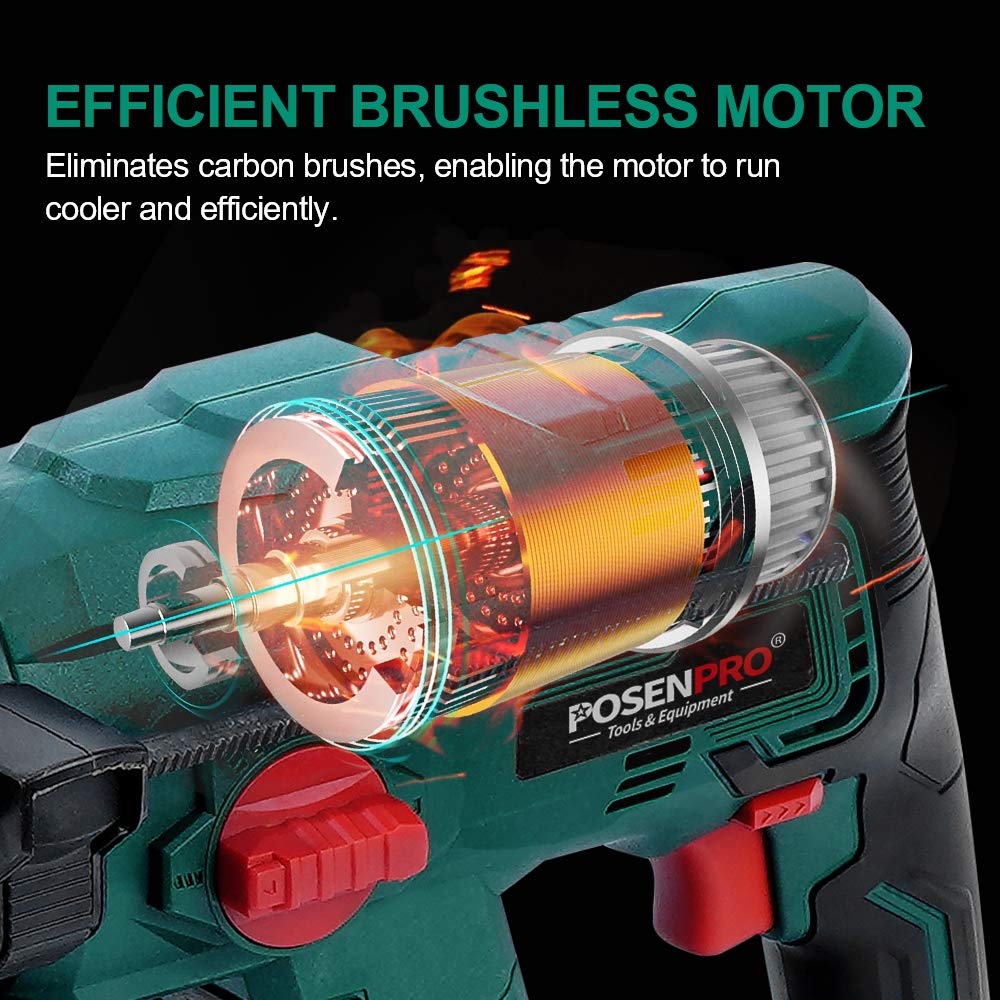 Posenpro 20V Brushless Cordless Rotary Hammer Drill with 4 Modes, Variable Speed & Adjustable Handle - Includes 4.0Ah Li-ion Battery & Fast Charger - Perfect for Concrete Drilling, Masonry Work & DIY Home Projects