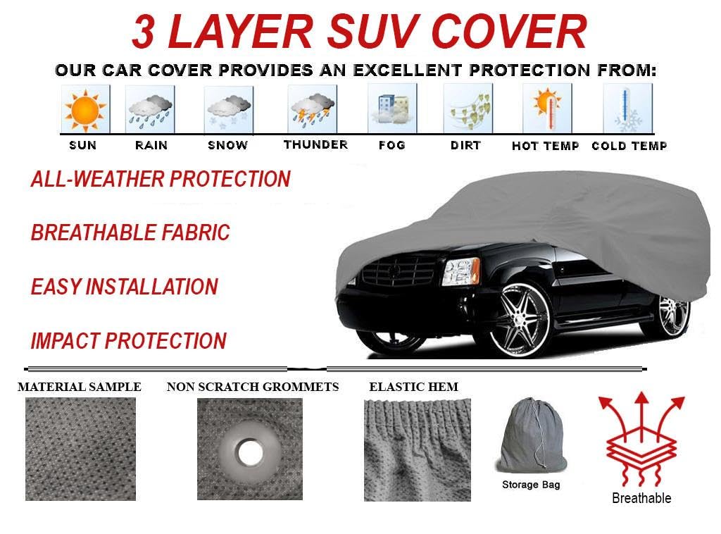 All Weather 3 Layer SUV Car Cover for 2007-2011 GMC Acadia - Waterproof Windproof Dustproof Breathable Auto Protection - Perfect for Outdoor Parking, Travel & Vehicle Storage