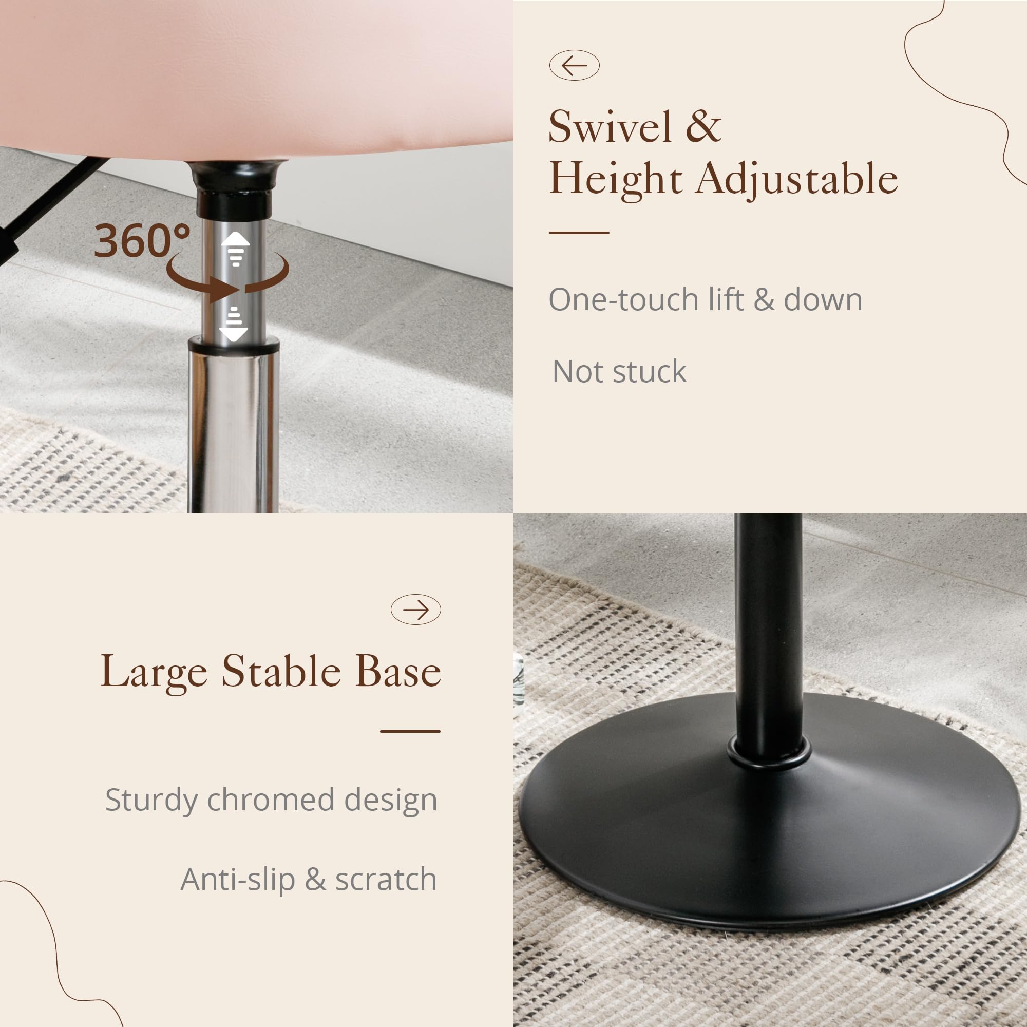 LUE BONA Adjustable Vanity Stool with 360° Swivel - Pink Faux Leather Makeup Chair for Bathroom, Bedroom & Living Room - Perfect for Dressing Table, Cosmetics Organization & Home Decor