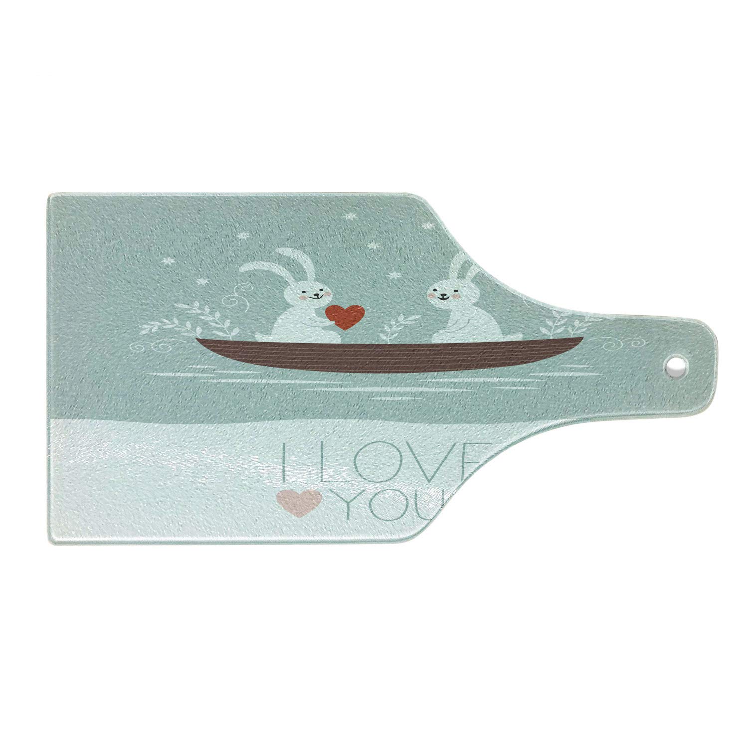Ambesonne Rabbit Couple Sailing Cutting Board - Tempered Glass Wine Bottle Shaped Serving Board with Cartoon Design in Pale Blue White & Umber - Perfect for Kitchen Decor, Cheese Platter & Wedding Gifts