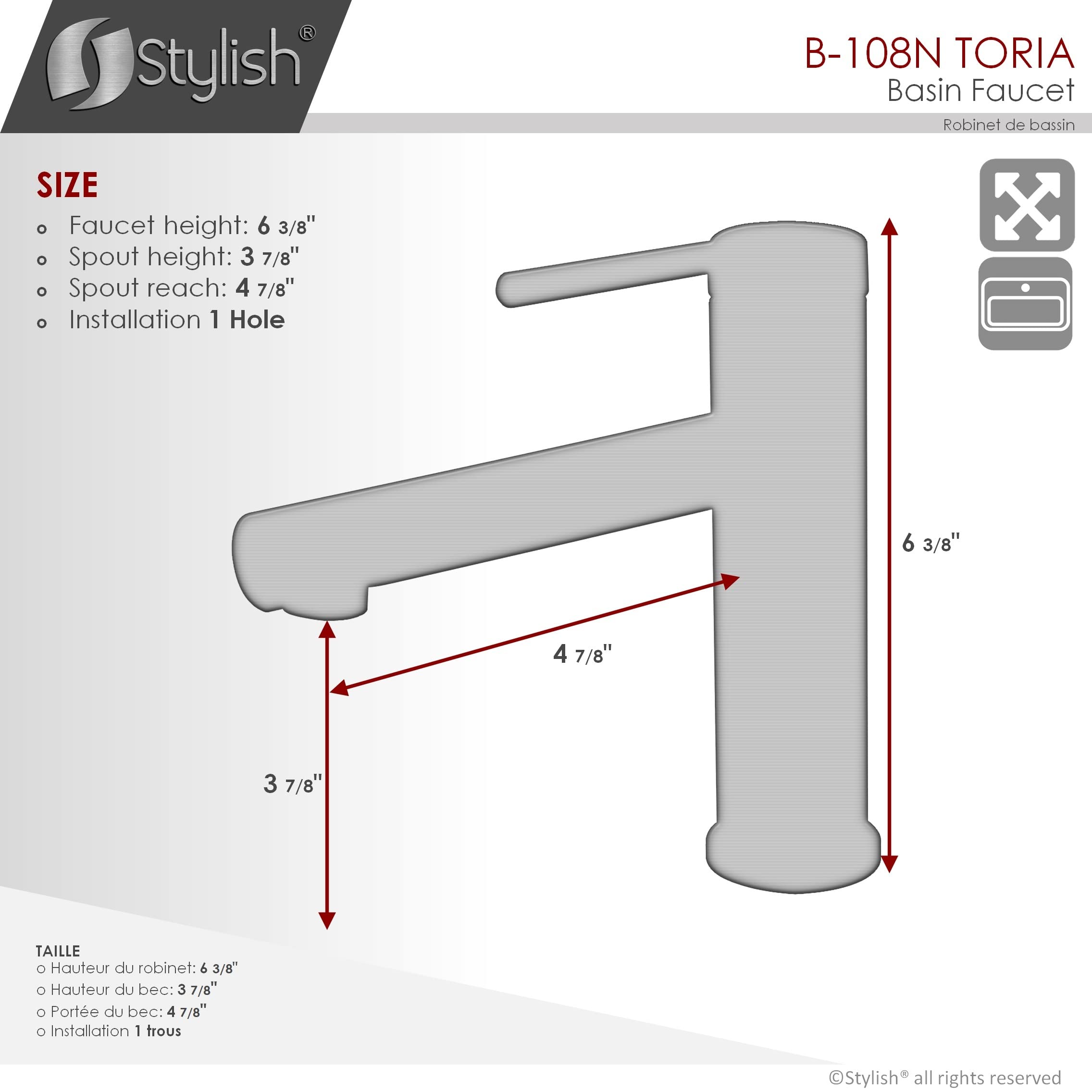 Stylish Single Handle Bathroom Faucet - Solid Stainless Steel 1 Hole Vanity Sink Faucet with Matte Black Finish (Model B-108N) - Perfect for Modern Bathroom Renovations & Small Space Sinks
