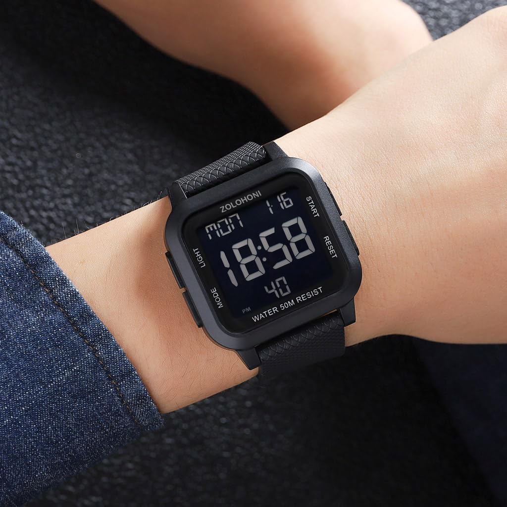 Square Men's Digital Watch - Large Face with Big Numbers, Waterproof LED Watch with Alarm, Date & Stopwatch - Perfect for Outdoor Sports, Running, Swimming & Daily Use