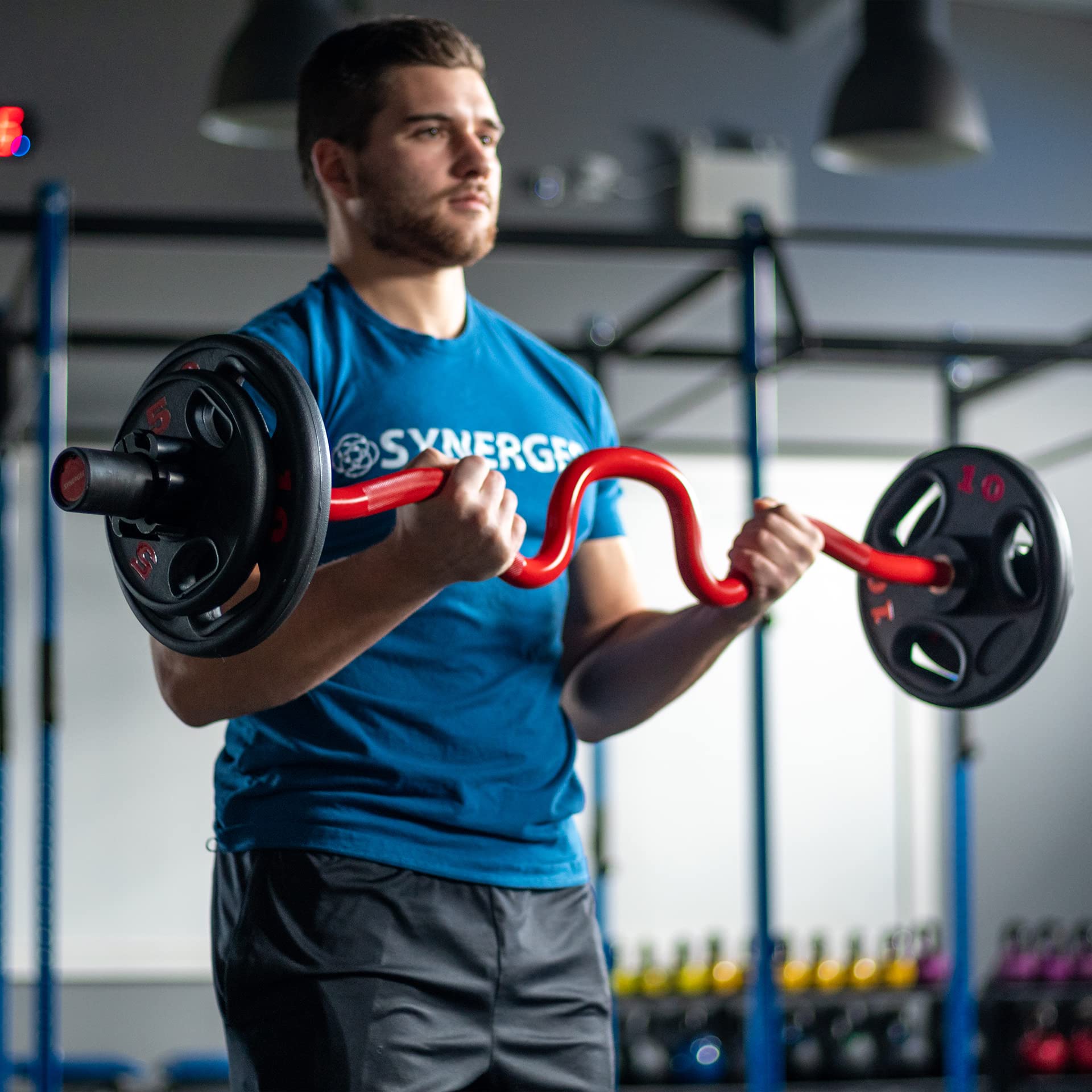 Synergee Olympic EZ Curl Bar - Chrome, Black Phosphate & Red Powder Coated with Brass Bushings - Perfect for Bicep Curls, Triceps Extensions & Home Gym Workouts